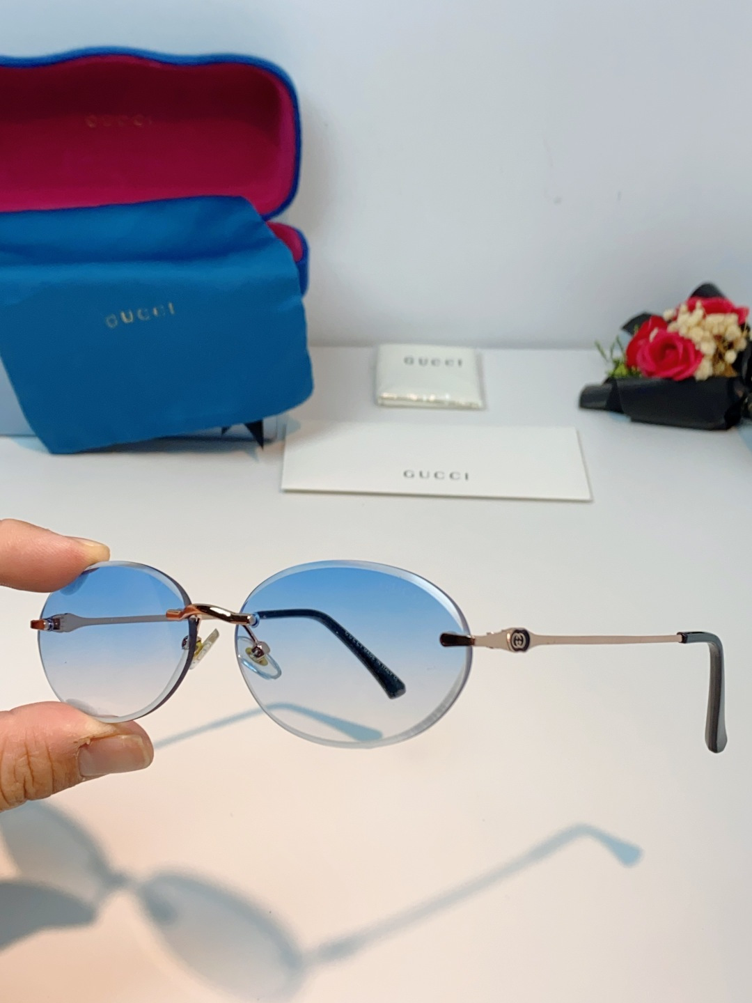 Gucci古奇 2026新款小圆框无框墨镜高级感太阳镜显脸小时尚防紫外线太阳眼镜 男女通用