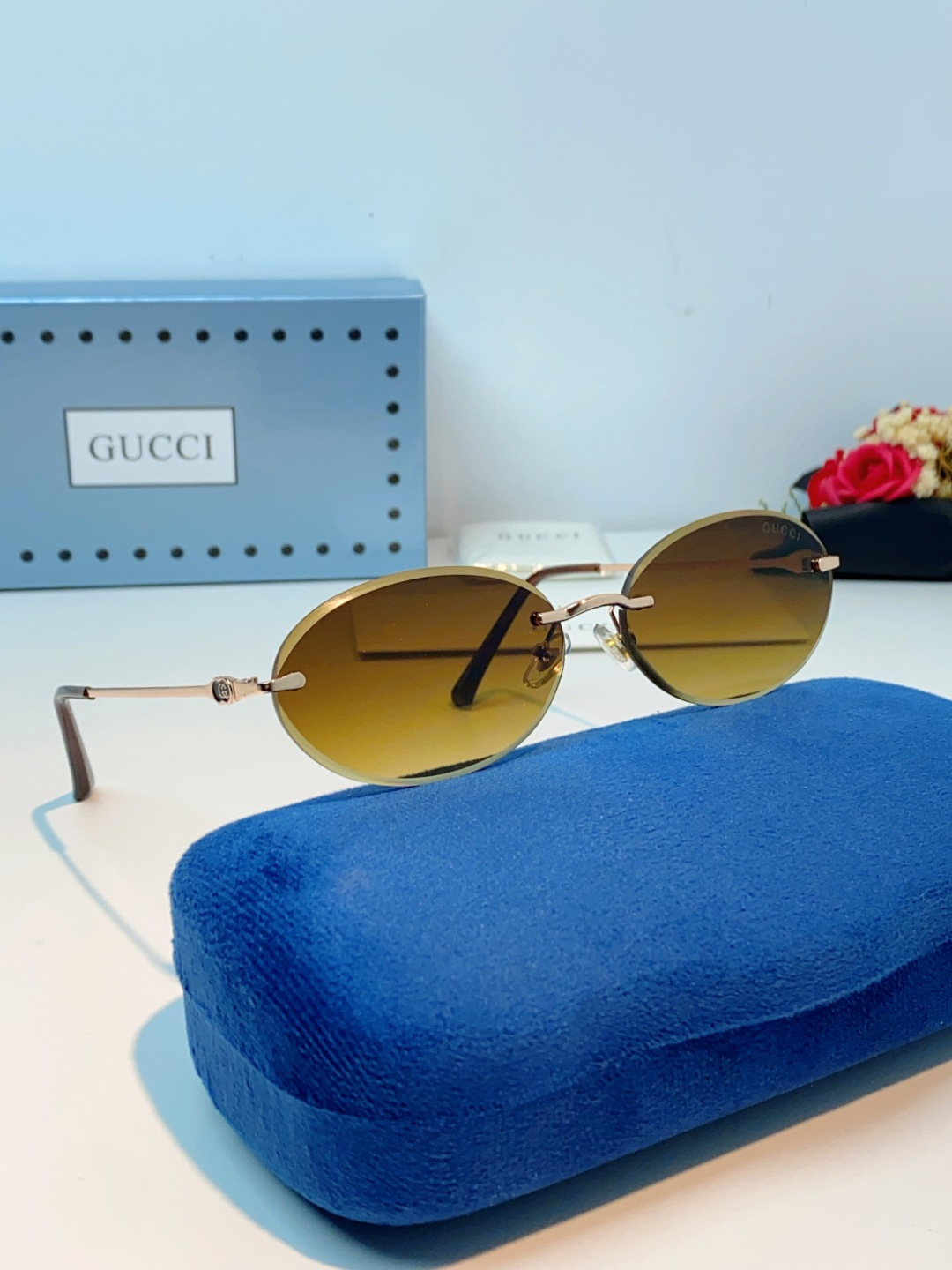 Gucci古奇 2026新款小圆框无框墨镜高级感太阳镜显脸小时尚防紫外线太阳眼镜 男女通用