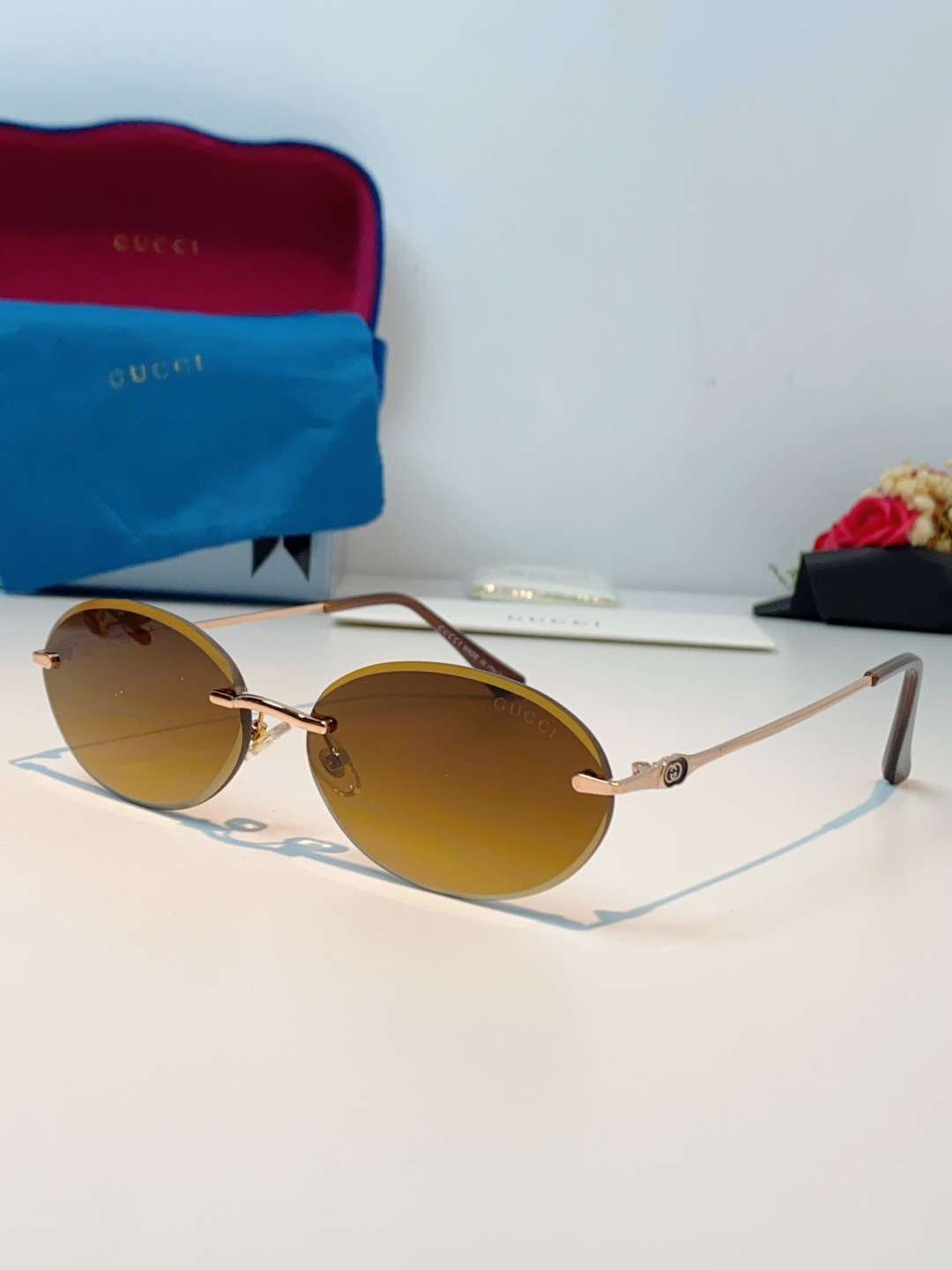 Gucci古奇 2026新款小圆框无框墨镜高级感太阳镜显脸小时尚防紫外线太阳眼镜 男女通用