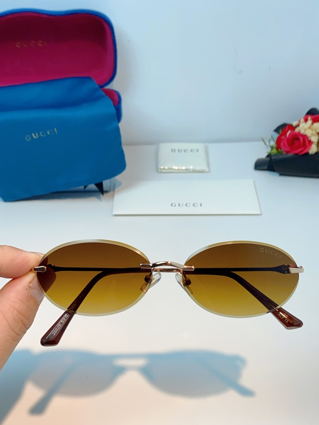 Gucci古奇 2026新款小圆框无框墨镜高级感太阳镜显脸小时尚防紫外线太阳眼镜 男女通用