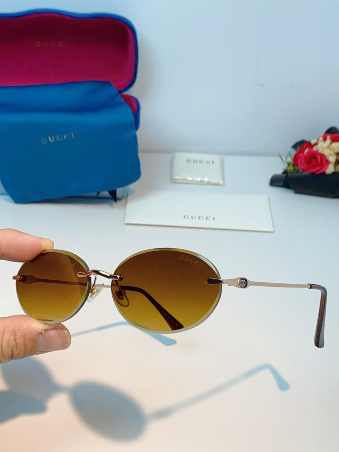 Gucci古奇 2026新款小圆框无框墨镜高级感太阳镜显脸小时尚防紫外线太阳眼镜 男女通用