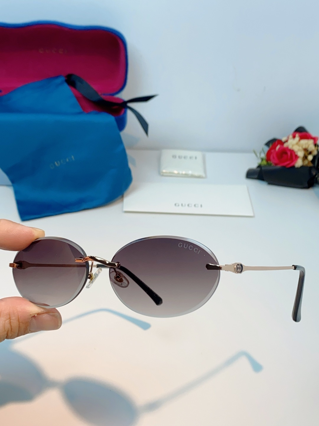 Gucci古奇 2026新款小圆框无框墨镜高级感太阳镜显脸小时尚防紫外线太阳眼镜 男女通用