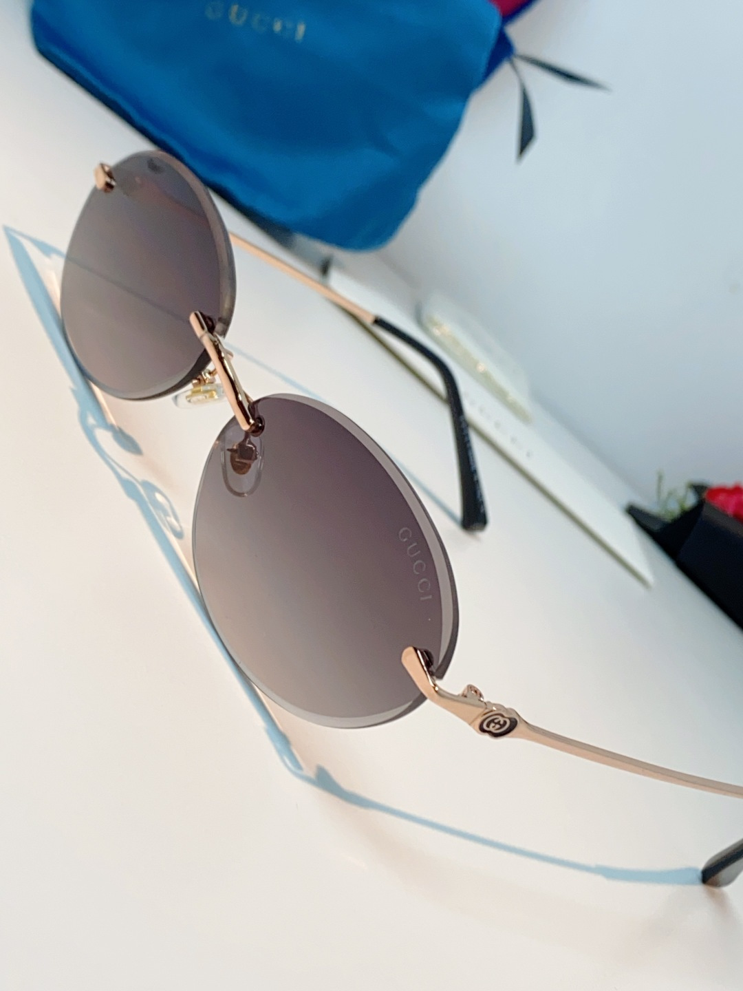 Gucci古奇 2026新款小圆框无框墨镜高级感太阳镜显脸小时尚防紫外线太阳眼镜 男女通用