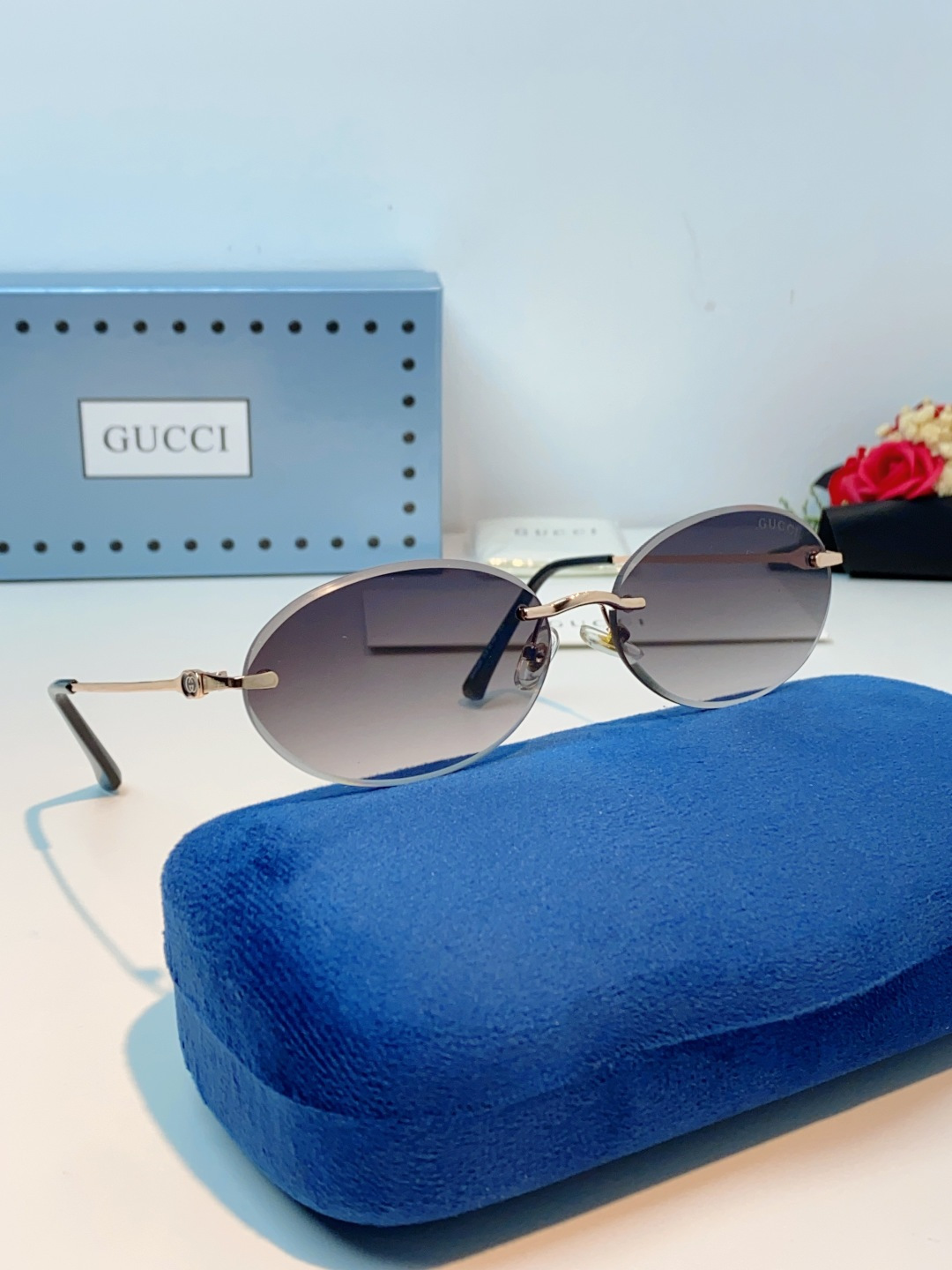 Gucci古奇 2026新款小圆框无框墨镜高级感太阳镜显脸小时尚防紫外线太阳眼镜 男女通用