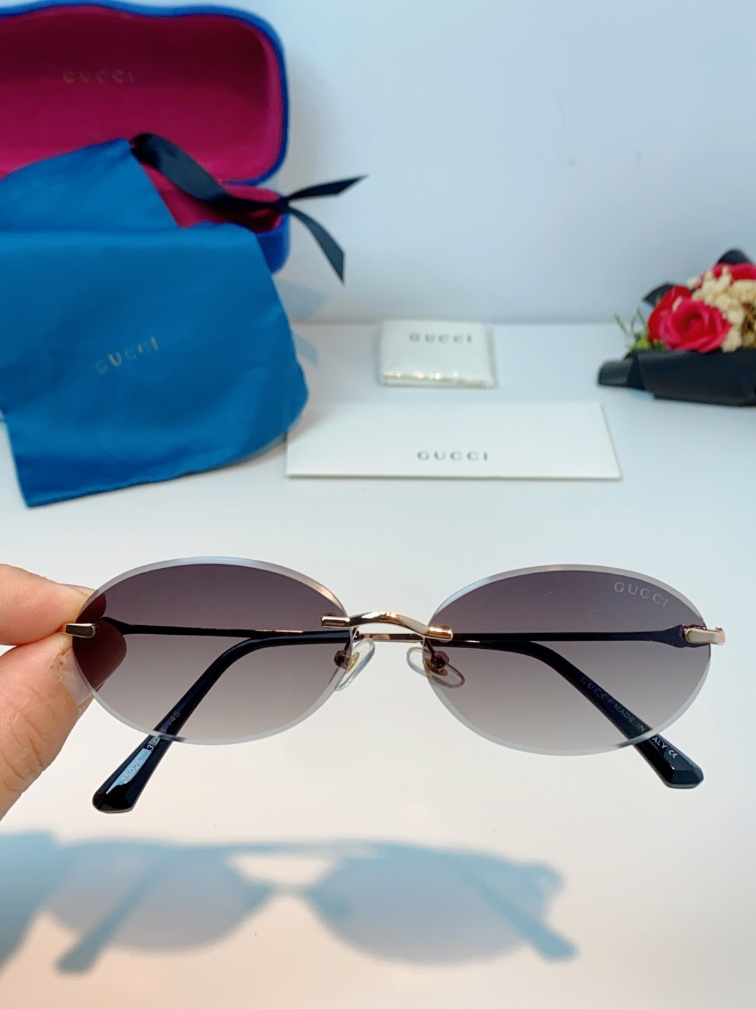 Gucci古奇 2026新款小圆框无框墨镜高级感太阳镜显脸小时尚防紫外线太阳眼镜 男女通用