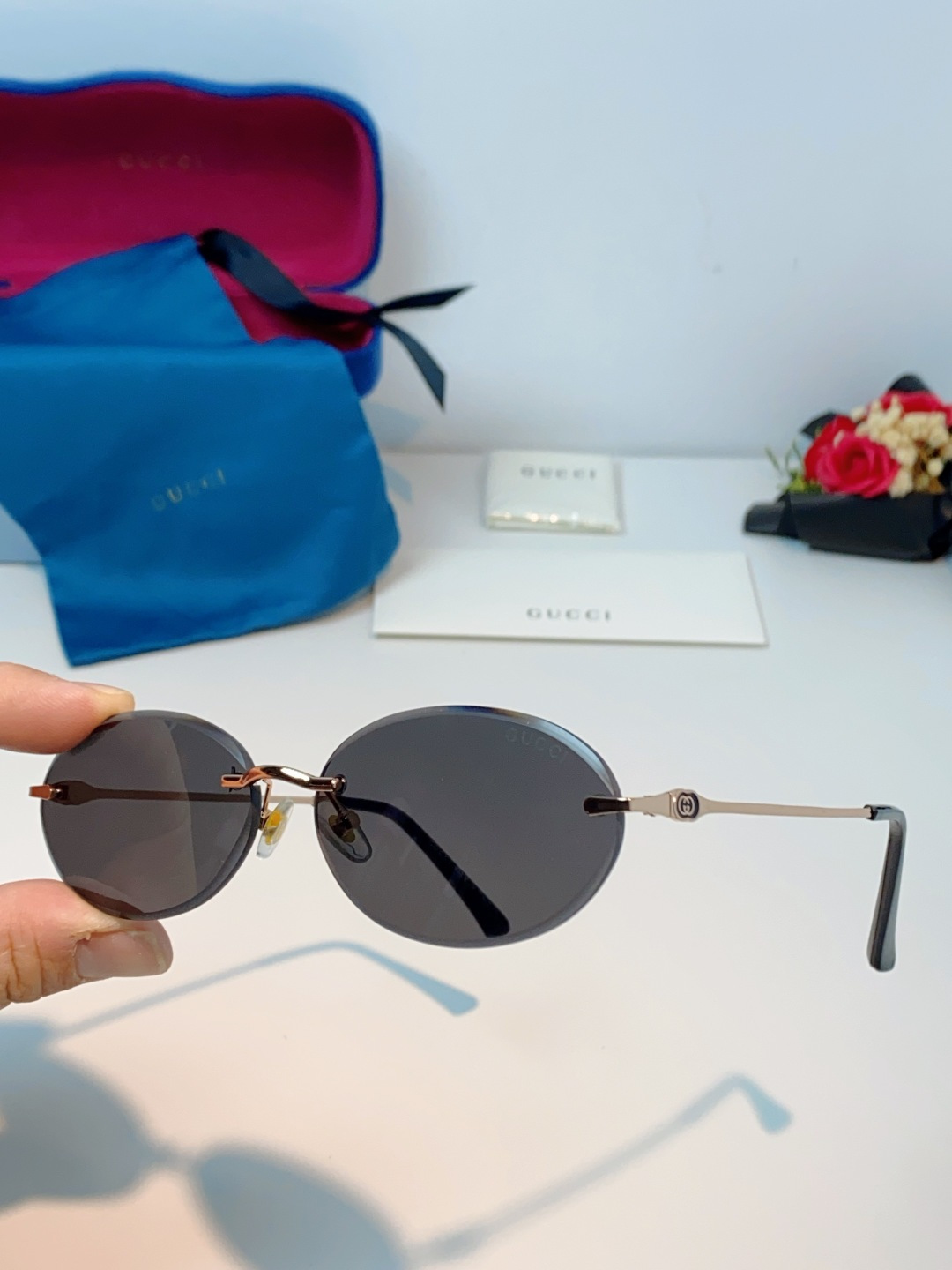 Gucci古奇 2026新款小圆框无框墨镜高级感太阳镜显脸小时尚防紫外线太阳眼镜 男女通用