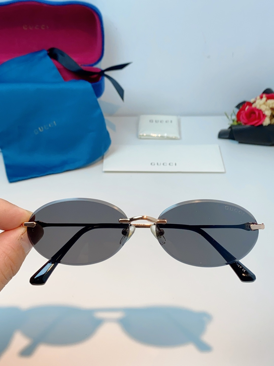 Gucci古奇 2026新款小圆框无框墨镜高级感太阳镜显脸小时尚防紫外线太阳眼镜 男女通用