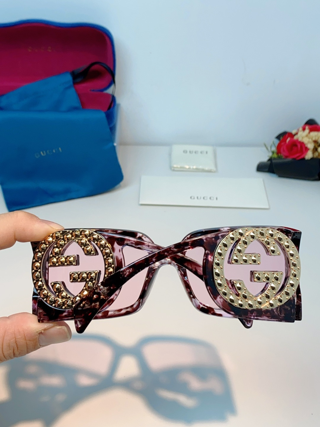 Gucci古奇 2026新款欧美风方形大框太阳眼镜1899S男女通用时尚显脸小遮阳墨镜镶钻 男女通用