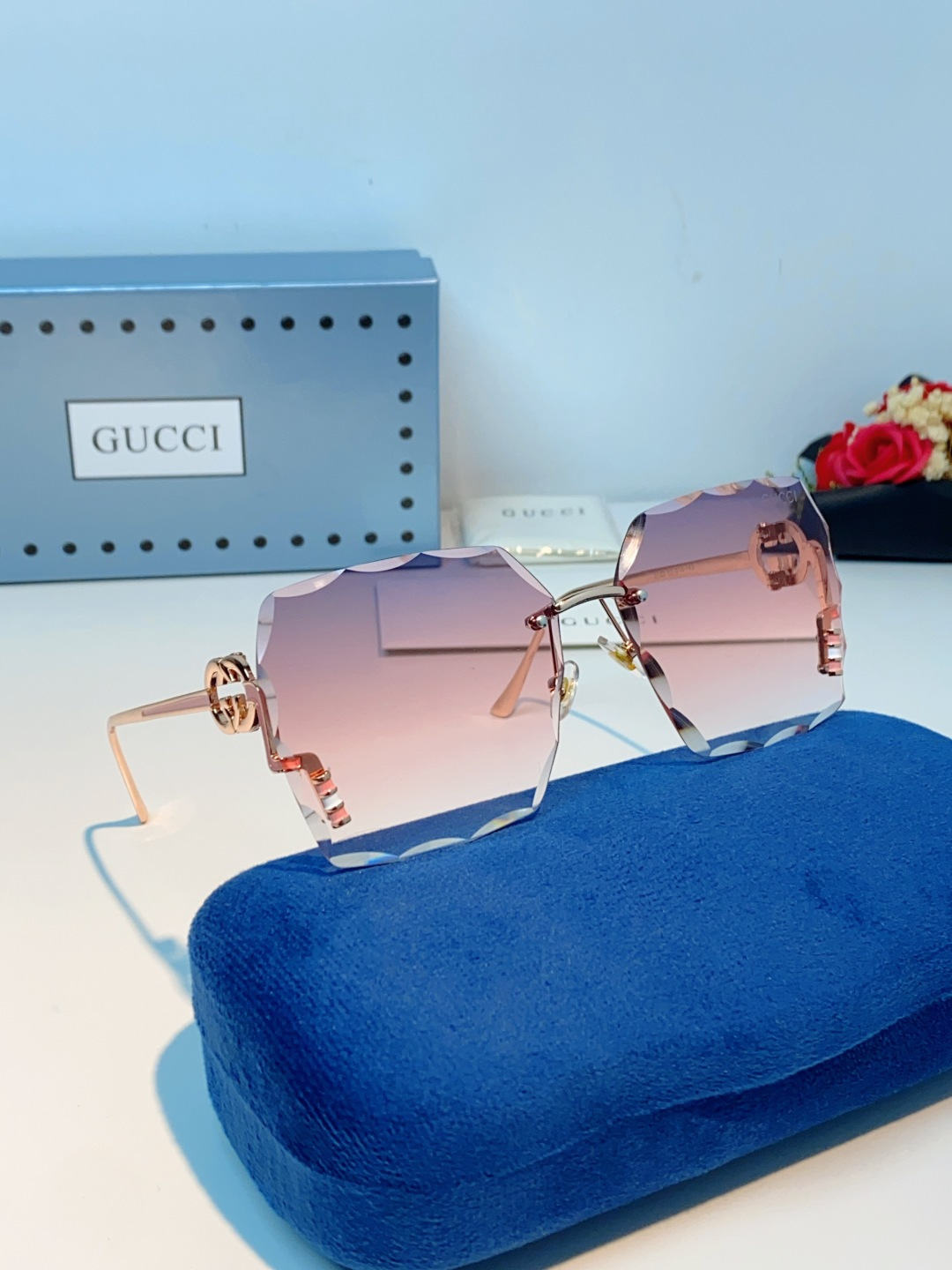 Gucci古奇 2026新款赛博朋克无框切边方形窄框太阳眼镜男女潮小脸显瘦嘻哈蹦迪墨镜女士墨镜