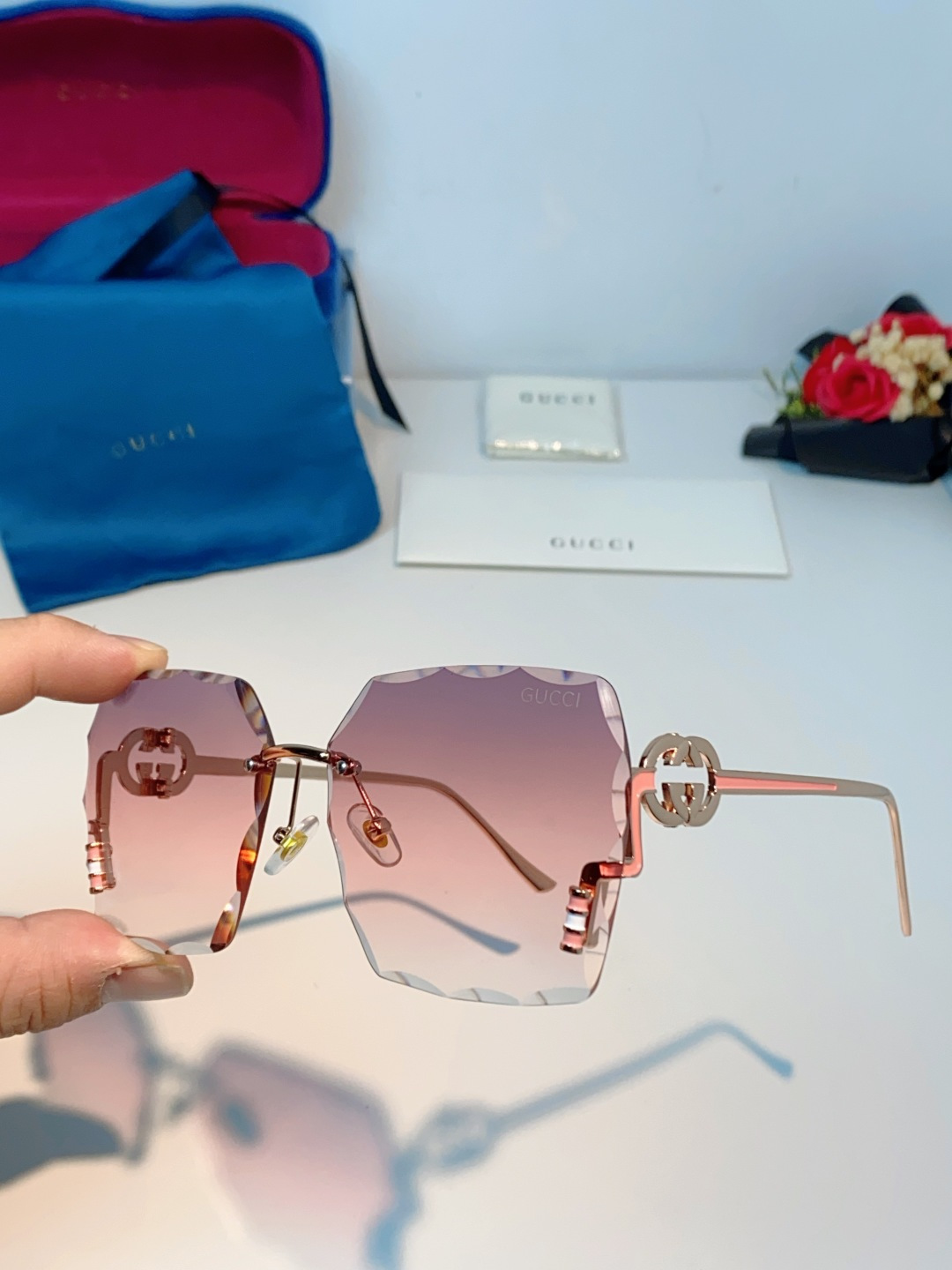 Gucci古奇 2026新款赛博朋克无框切边方形窄框太阳眼镜男女潮小脸显瘦嘻哈蹦迪墨镜女士墨镜