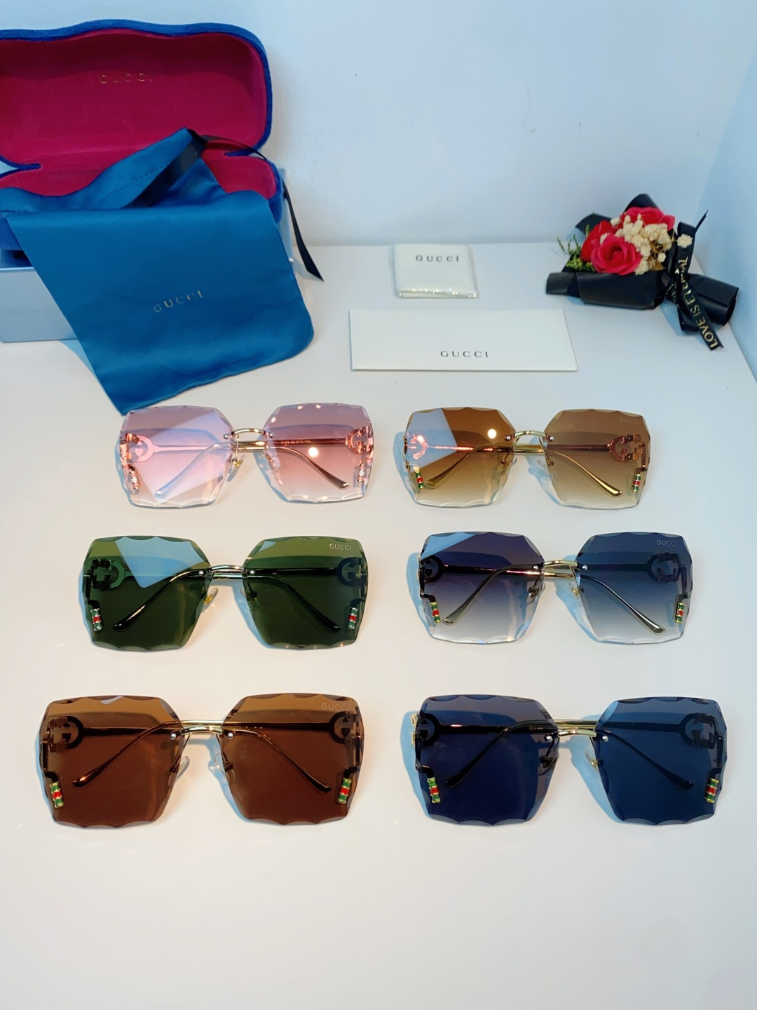 Gucci古奇 2026新款赛博朋克无框切边方形窄框太阳眼镜男女潮小脸显瘦嘻哈蹦迪墨镜女士墨镜