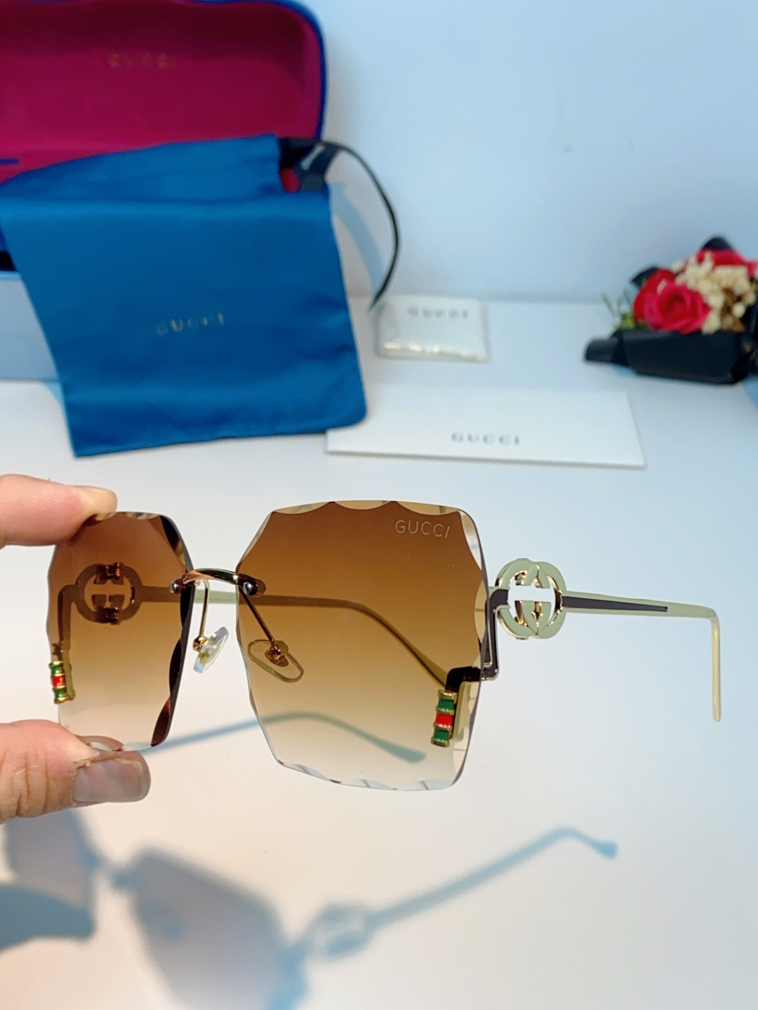 Gucci古奇 2026新款赛博朋克无框切边方形窄框太阳眼镜男女潮小脸显瘦嘻哈蹦迪墨镜女士墨镜