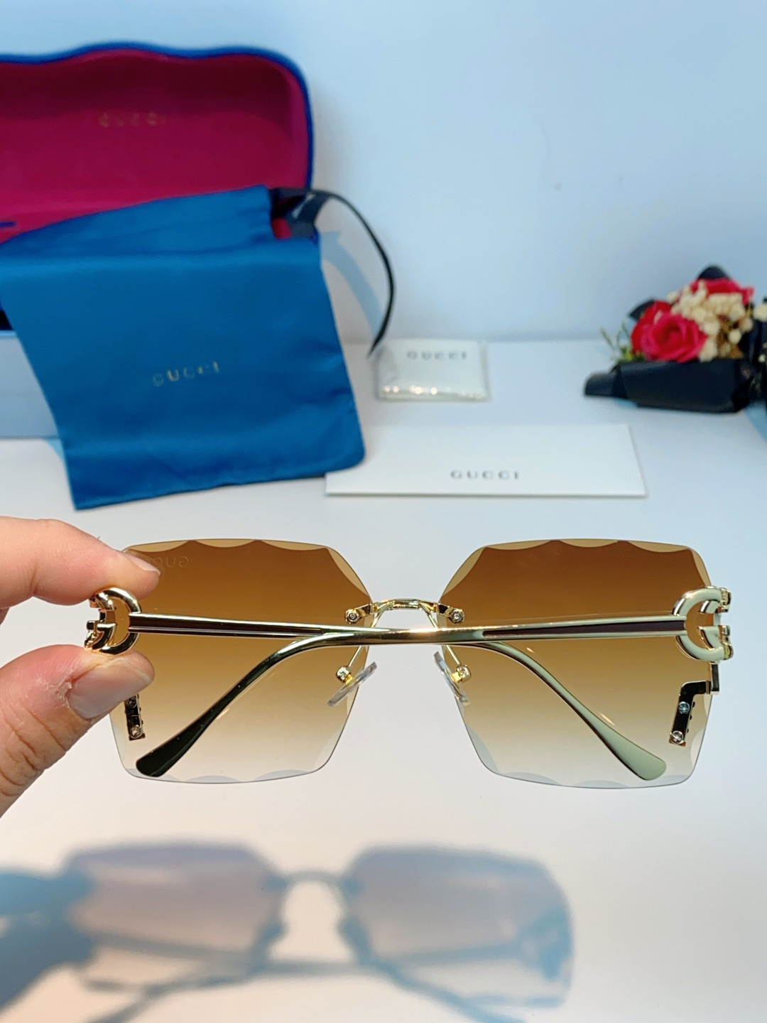 Gucci古奇 2026新款赛博朋克无框切边方形窄框太阳眼镜男女潮小脸显瘦嘻哈蹦迪墨镜女士墨镜