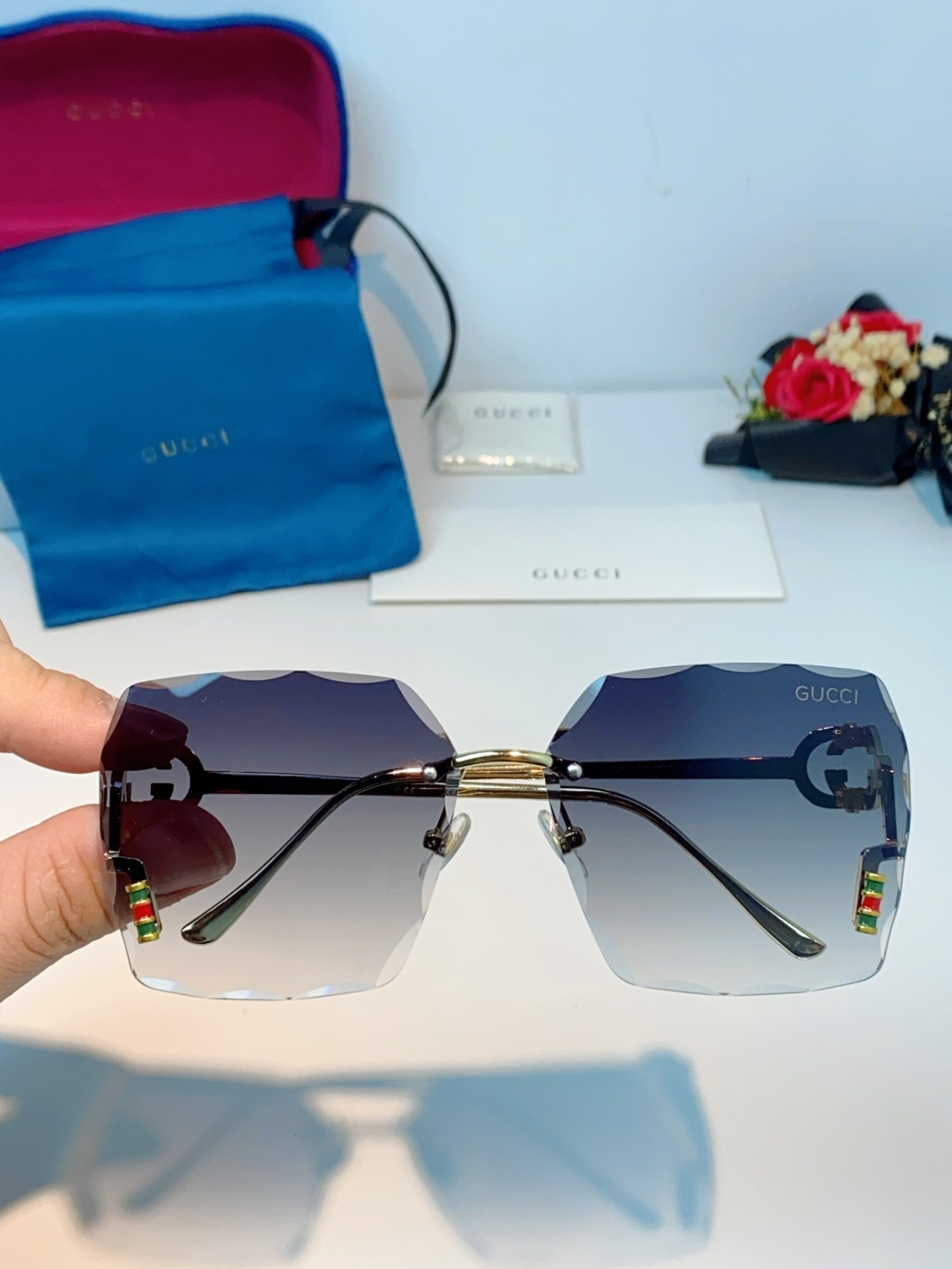 Gucci古奇 2026新款赛博朋克无框切边方形窄框太阳眼镜男女潮小脸显瘦嘻哈蹦迪墨镜女士墨镜