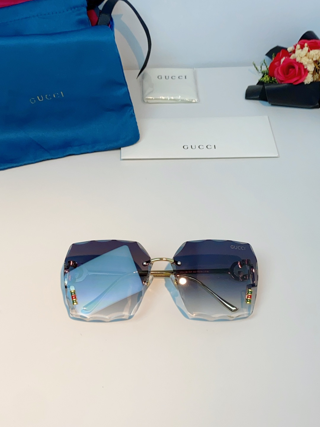 Gucci古奇 2026新款赛博朋克无框切边方形窄框太阳眼镜男女潮小脸显瘦嘻哈蹦迪墨镜女士墨镜