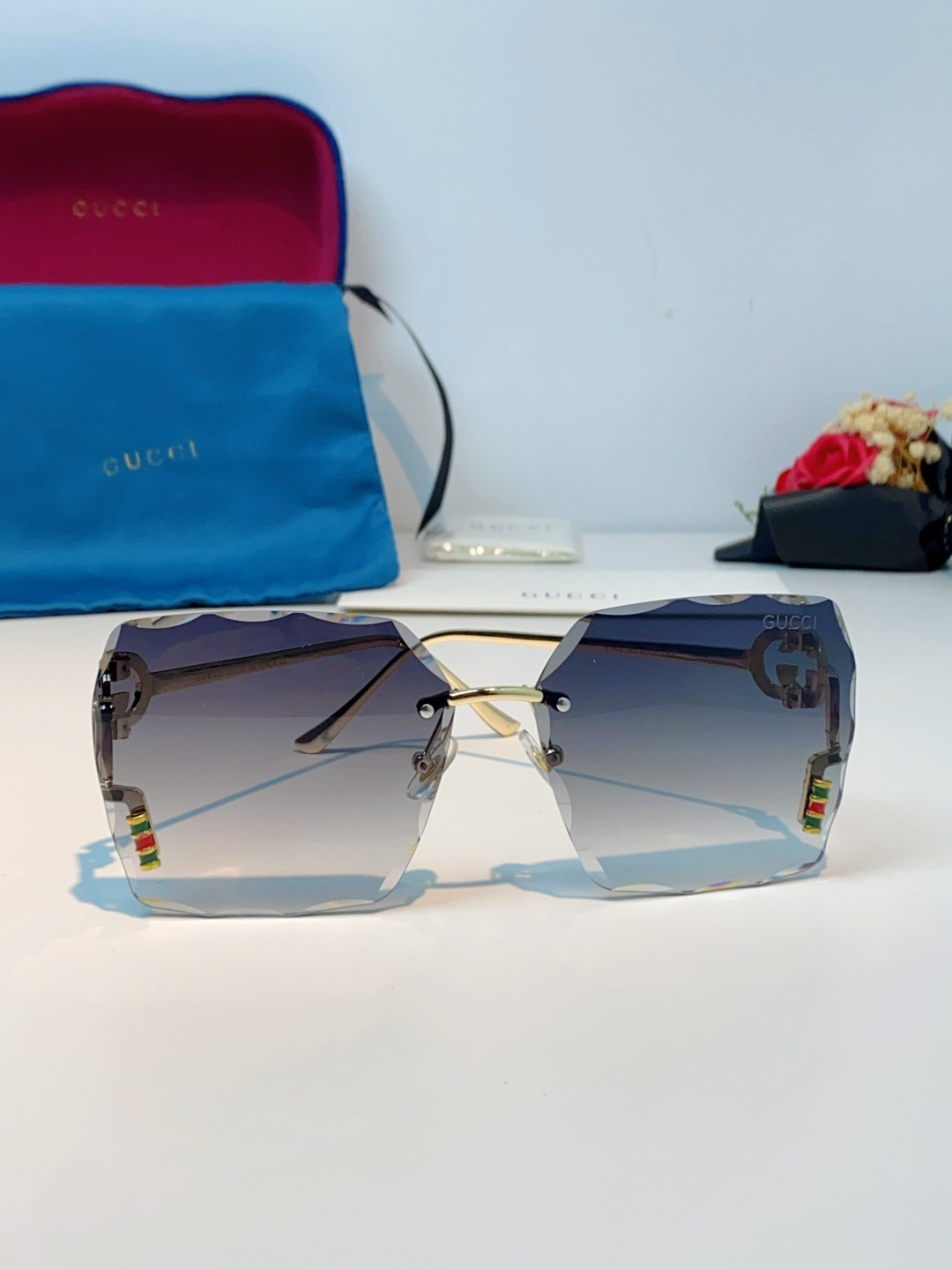 Gucci古奇 2026新款赛博朋克无框切边方形窄框太阳眼镜男女潮小脸显瘦嘻哈蹦迪墨镜女士墨镜