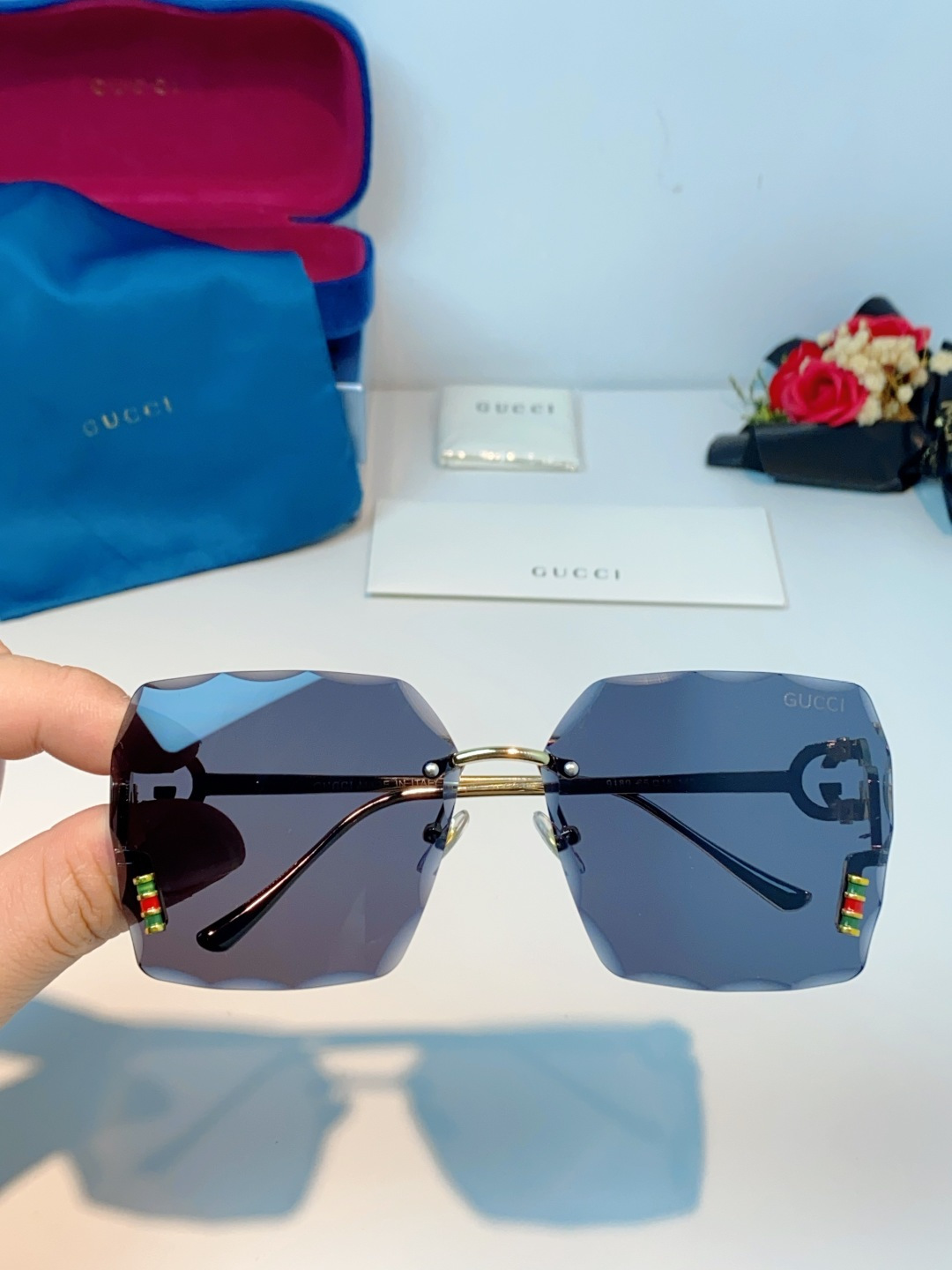 Gucci古奇 2026新款赛博朋克无框切边方形窄框太阳眼镜男女潮小脸显瘦嘻哈蹦迪墨镜女士墨镜