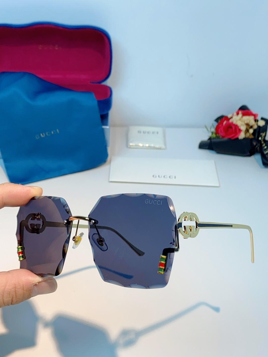 Gucci古奇 2026新款赛博朋克无框切边方形窄框太阳眼镜男女潮小脸显瘦嘻哈蹦迪墨镜女士墨镜