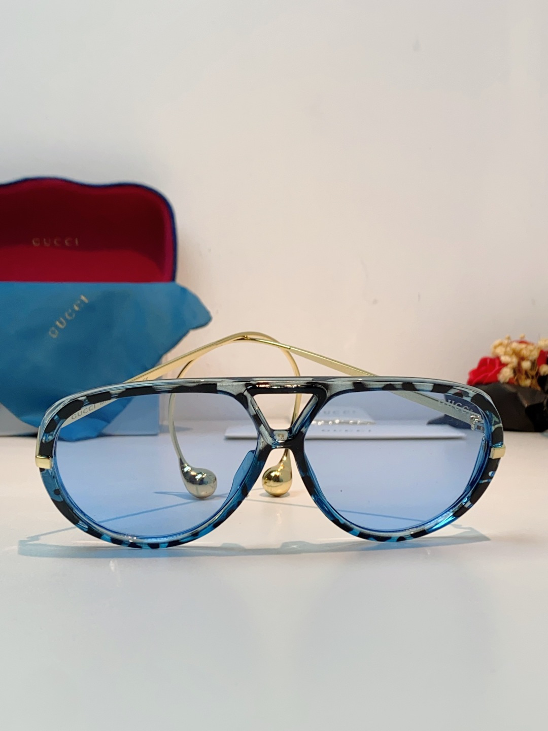 Gucci古奇 2026新款 欧美复古大框飞行员式双梁耳环吊坠太阳眼镜女圆脸蛤蟆镜嘻哈墨镜