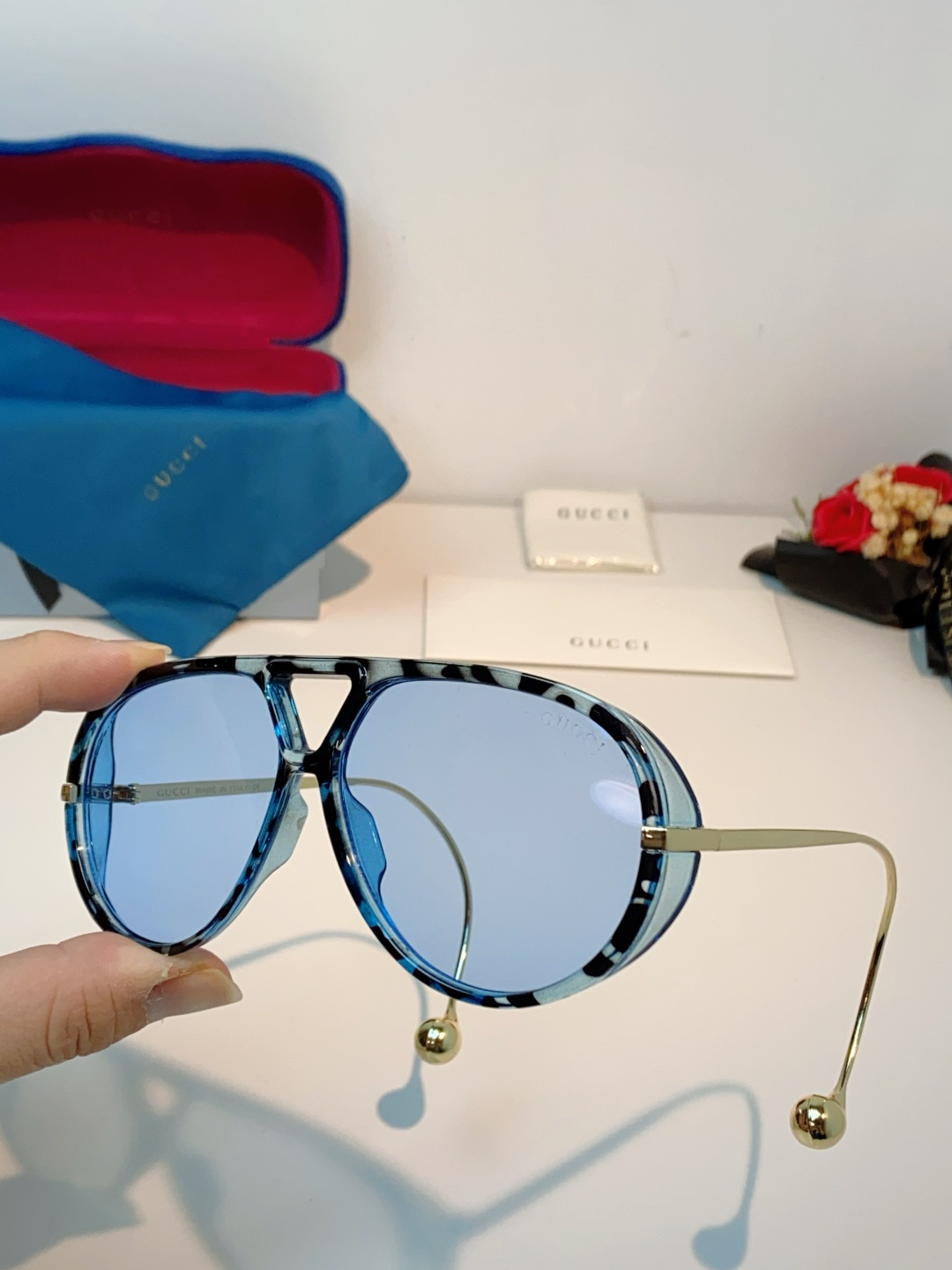 Gucci古奇 2026新款 欧美复古大框飞行员式双梁耳环吊坠太阳眼镜女圆脸蛤蟆镜嘻哈墨镜