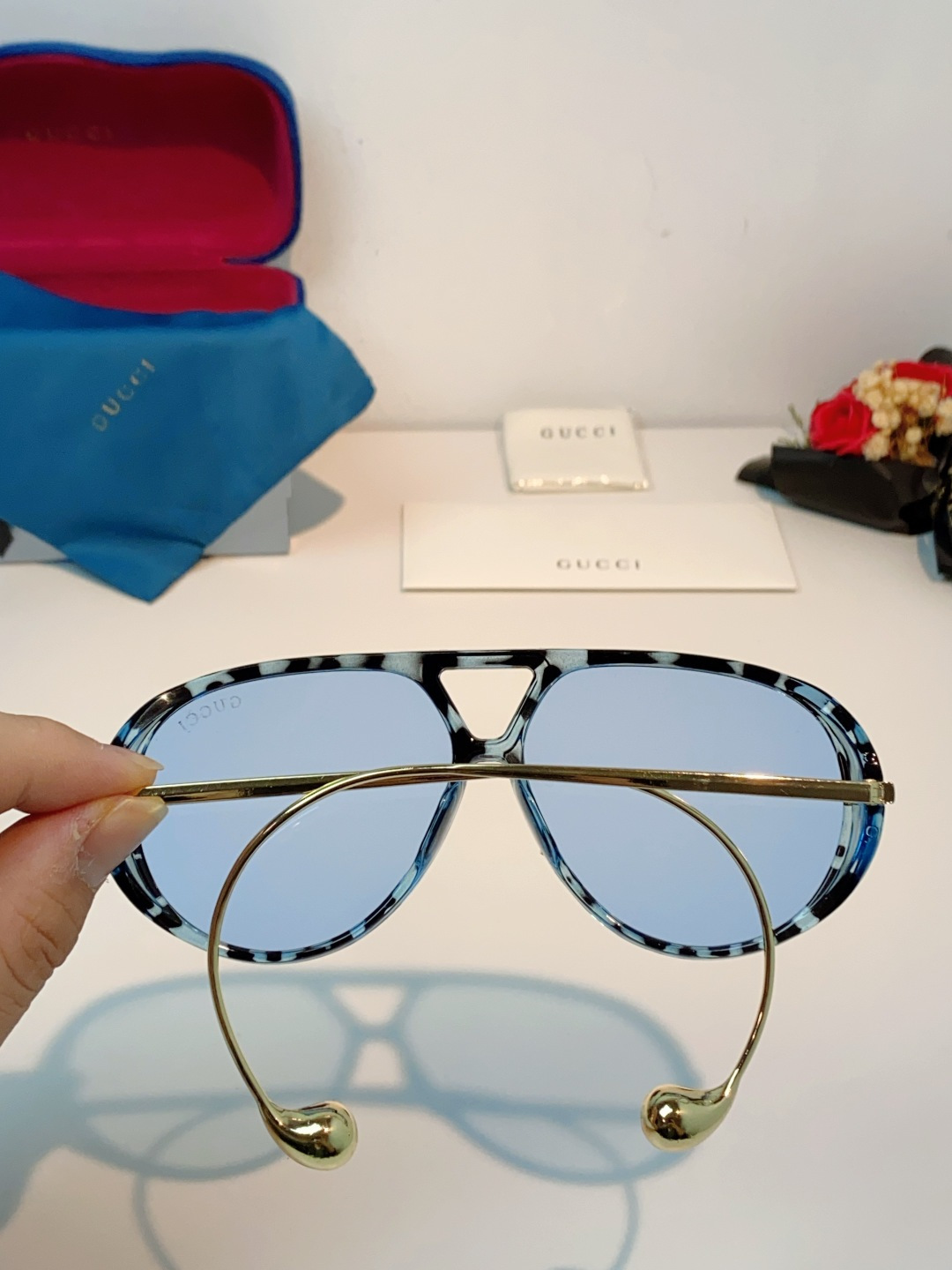 Gucci古奇 2026新款 欧美复古大框飞行员式双梁耳环吊坠太阳眼镜女圆脸蛤蟆镜嘻哈墨镜