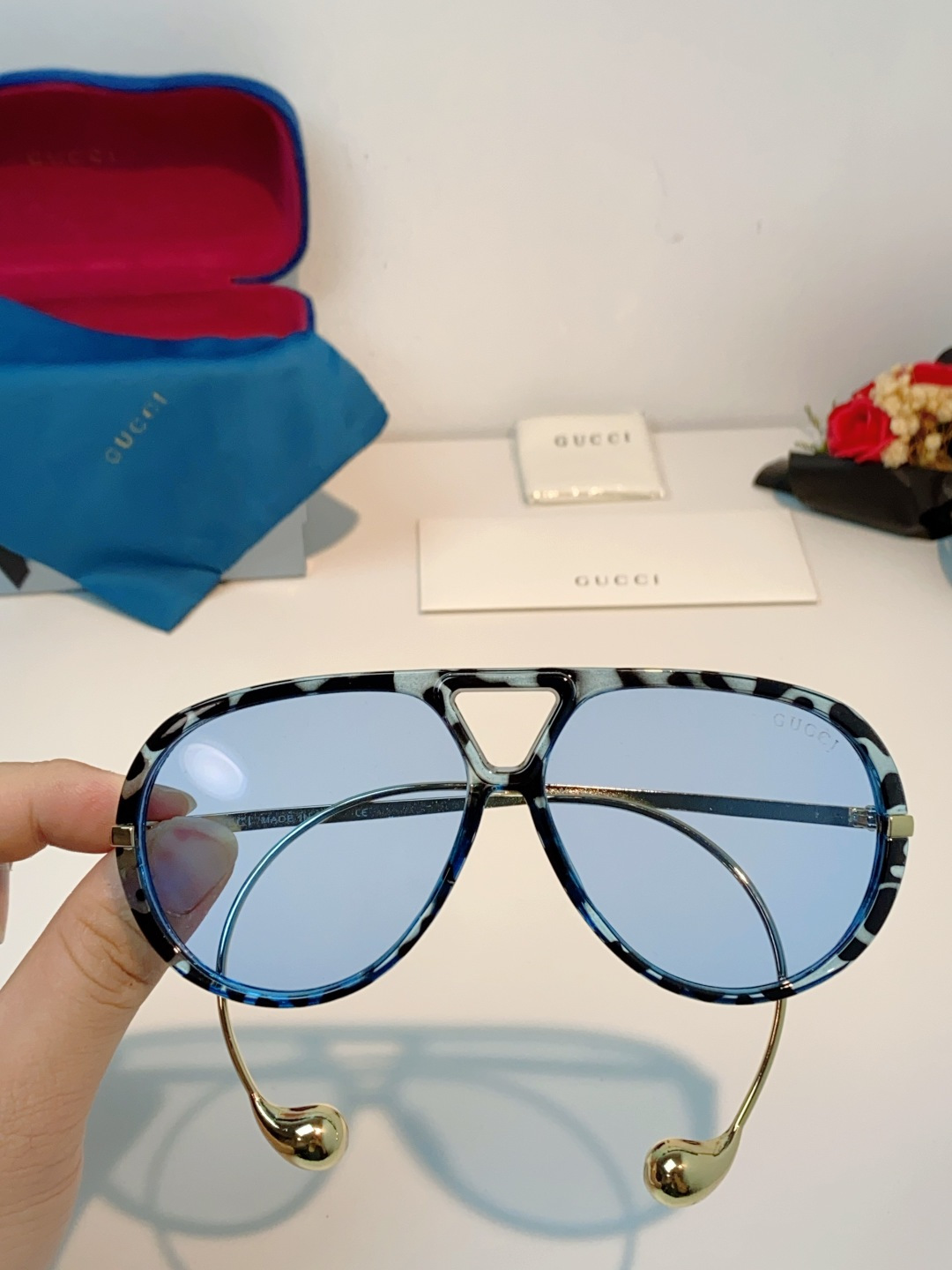 Gucci古奇 2026新款 欧美复古大框飞行员式双梁耳环吊坠太阳眼镜女圆脸蛤蟆镜嘻哈墨镜