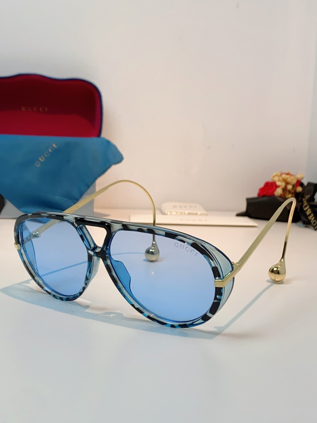 Gucci古奇 2026新款 欧美复古大框飞行员式双梁耳环吊坠太阳眼镜女圆脸蛤蟆镜嘻哈墨镜