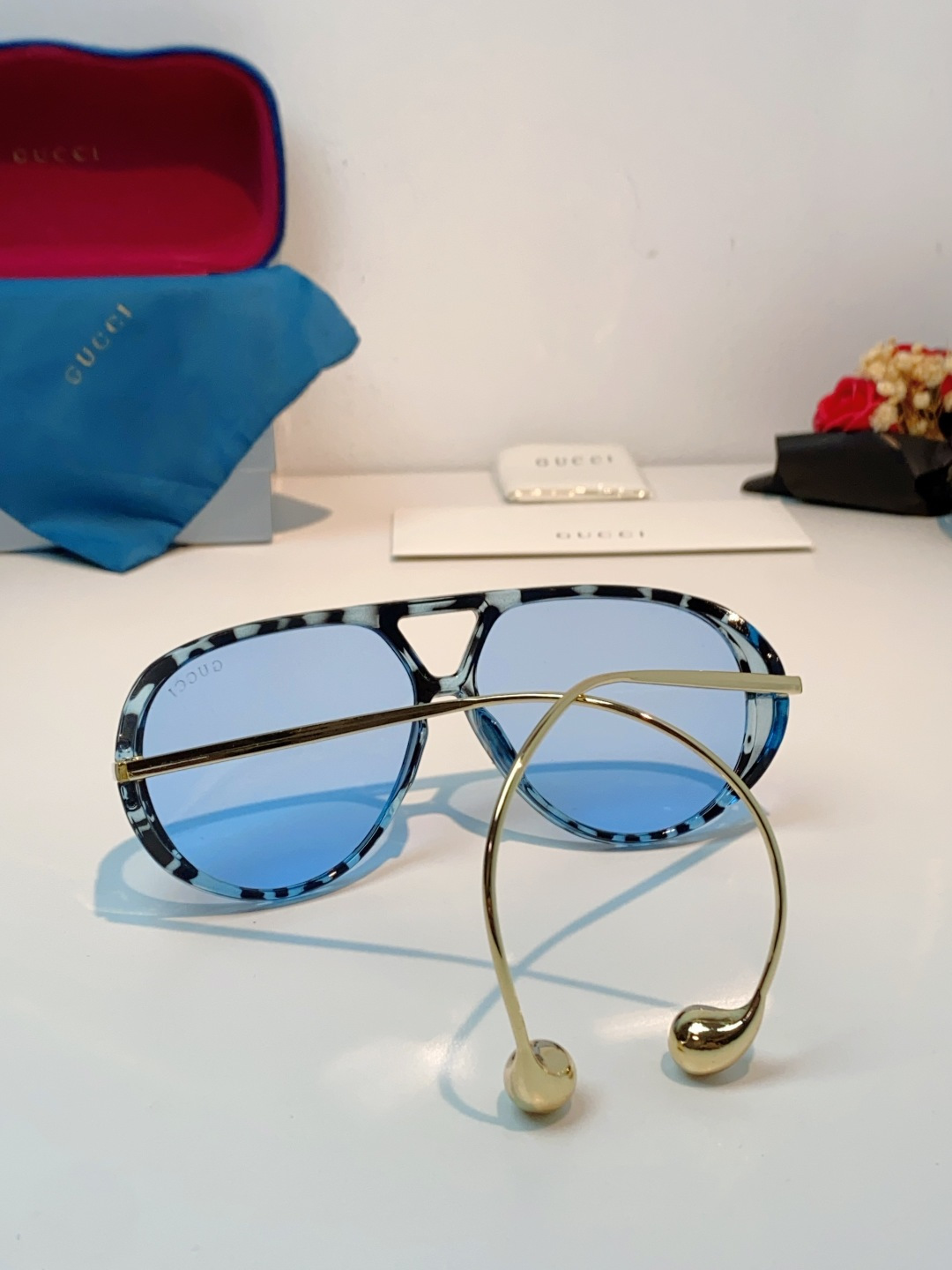 Gucci古奇 2026新款 欧美复古大框飞行员式双梁耳环吊坠太阳眼镜女圆脸蛤蟆镜嘻哈墨镜