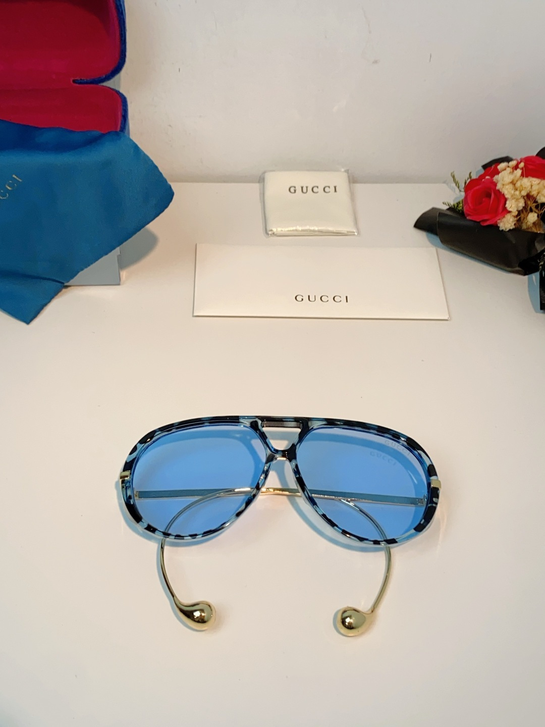 Gucci古奇 2026新款 欧美复古大框飞行员式双梁耳环吊坠太阳眼镜女圆脸蛤蟆镜嘻哈墨镜