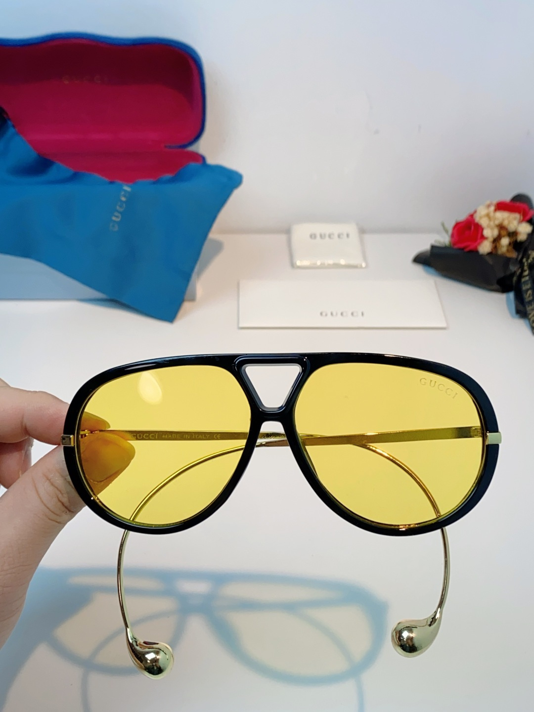 Gucci古奇 2026新款 欧美复古大框飞行员式双梁耳环吊坠太阳眼镜女圆脸蛤蟆镜嘻哈墨镜