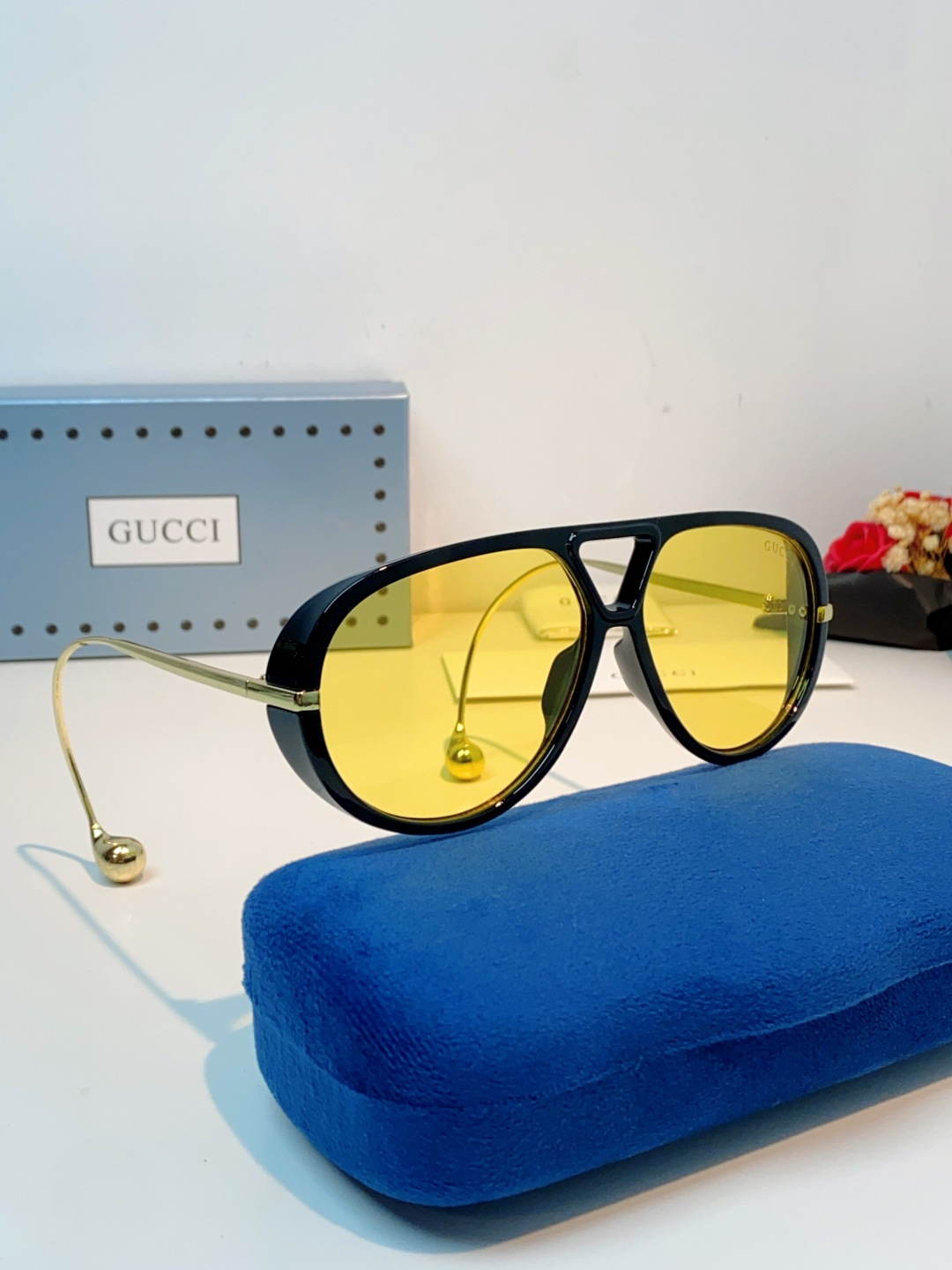 Gucci古奇 2026新款 欧美复古大框飞行员式双梁耳环吊坠太阳眼镜女圆脸蛤蟆镜嘻哈墨镜