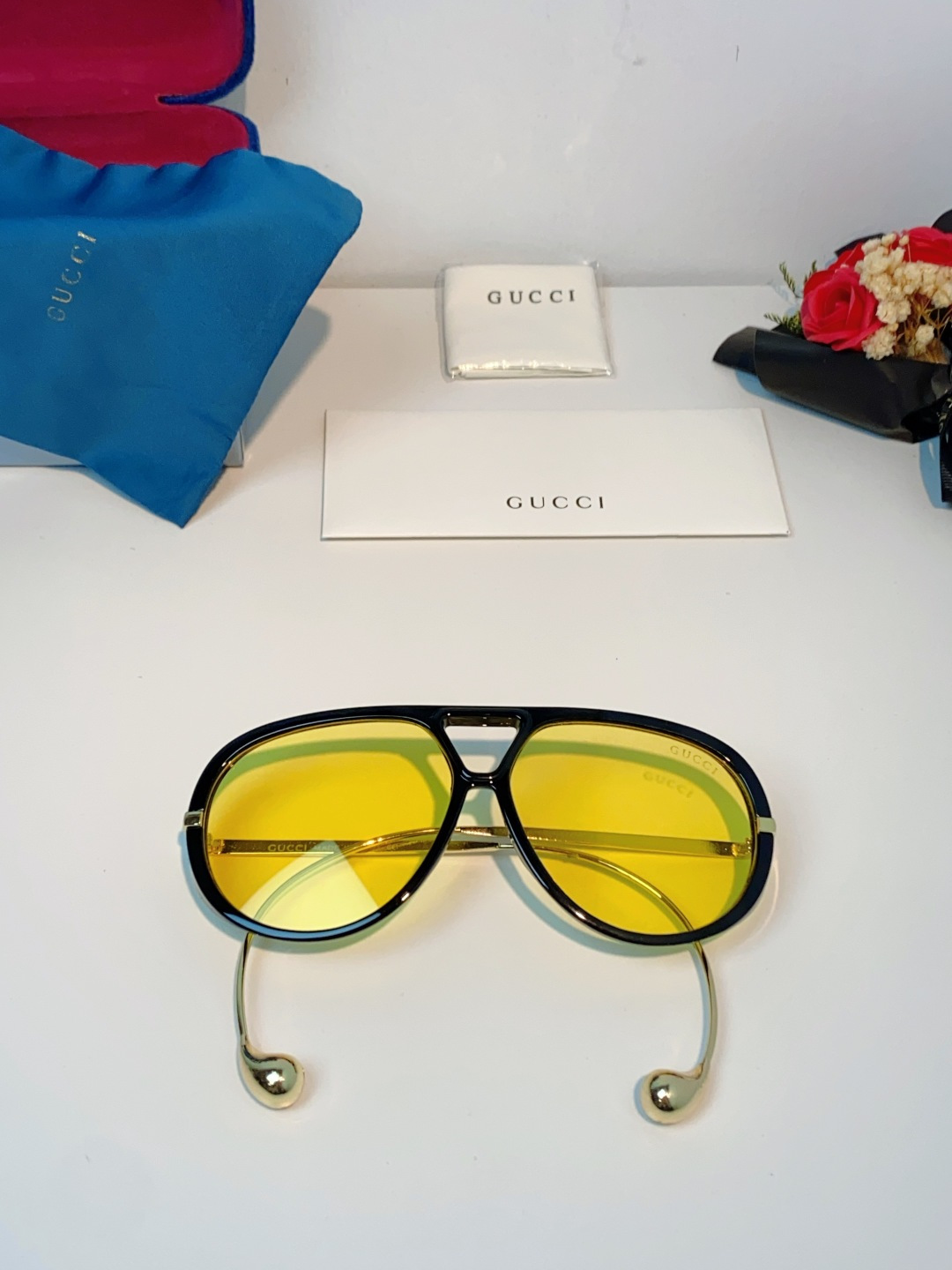 Gucci古奇 2026新款 欧美复古大框飞行员式双梁耳环吊坠太阳眼镜女圆脸蛤蟆镜嘻哈墨镜