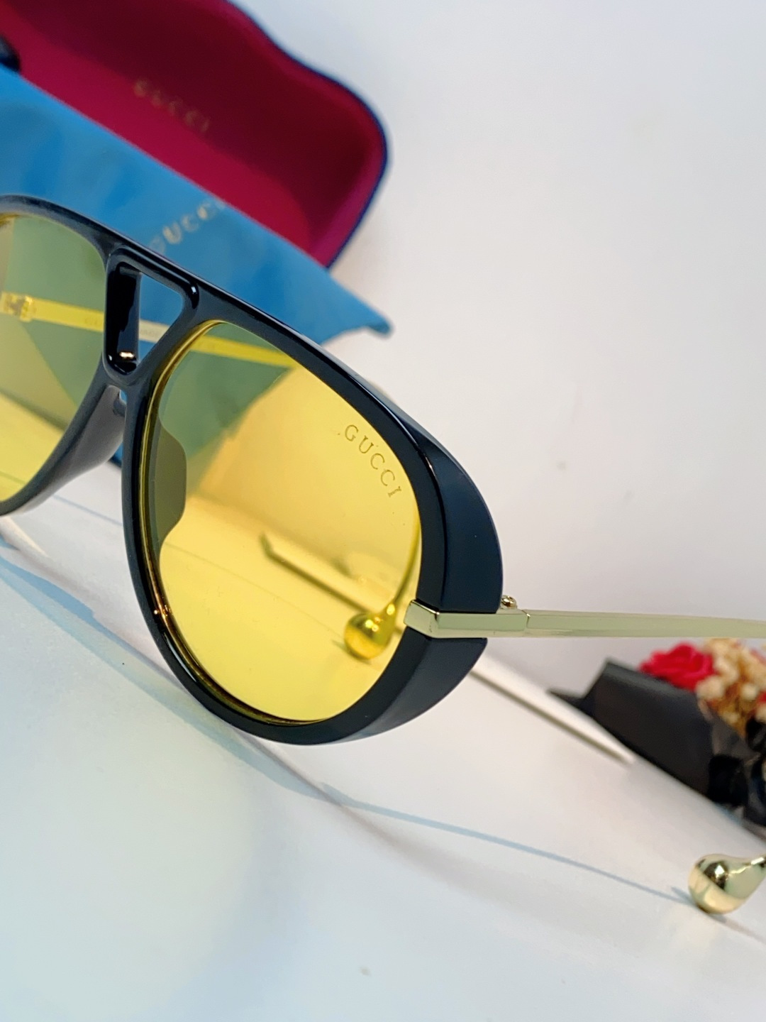Gucci古奇 2026新款 欧美复古大框飞行员式双梁耳环吊坠太阳眼镜女圆脸蛤蟆镜嘻哈墨镜