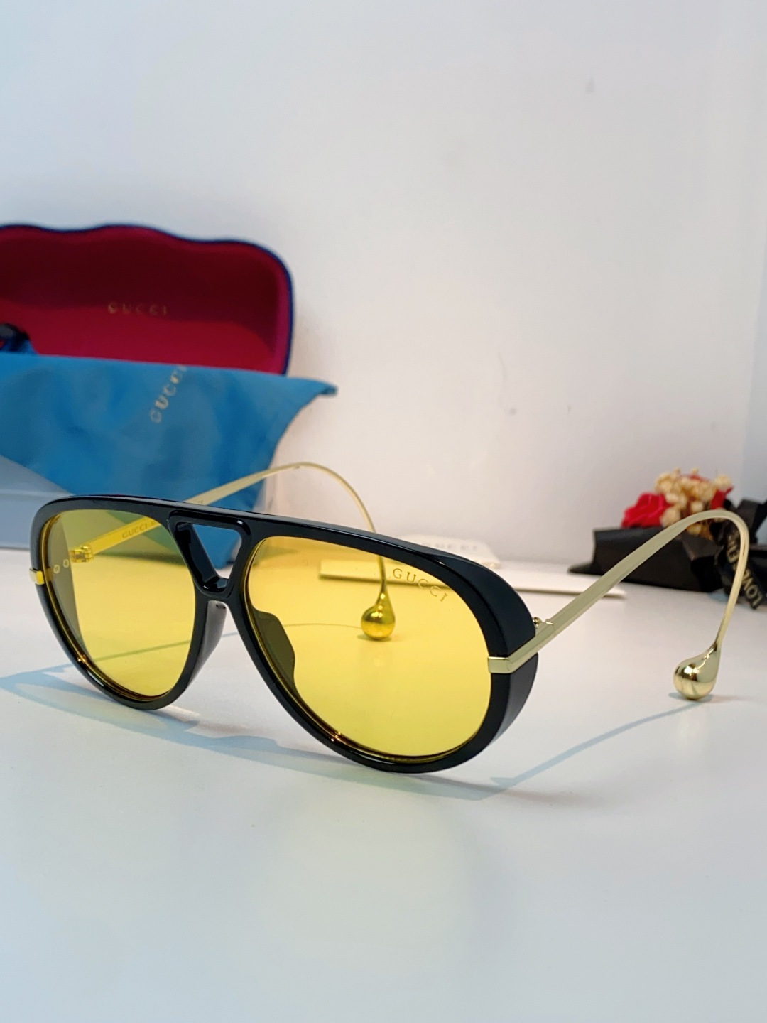 Gucci古奇 2026新款 欧美复古大框飞行员式双梁耳环吊坠太阳眼镜女圆脸蛤蟆镜嘻哈墨镜