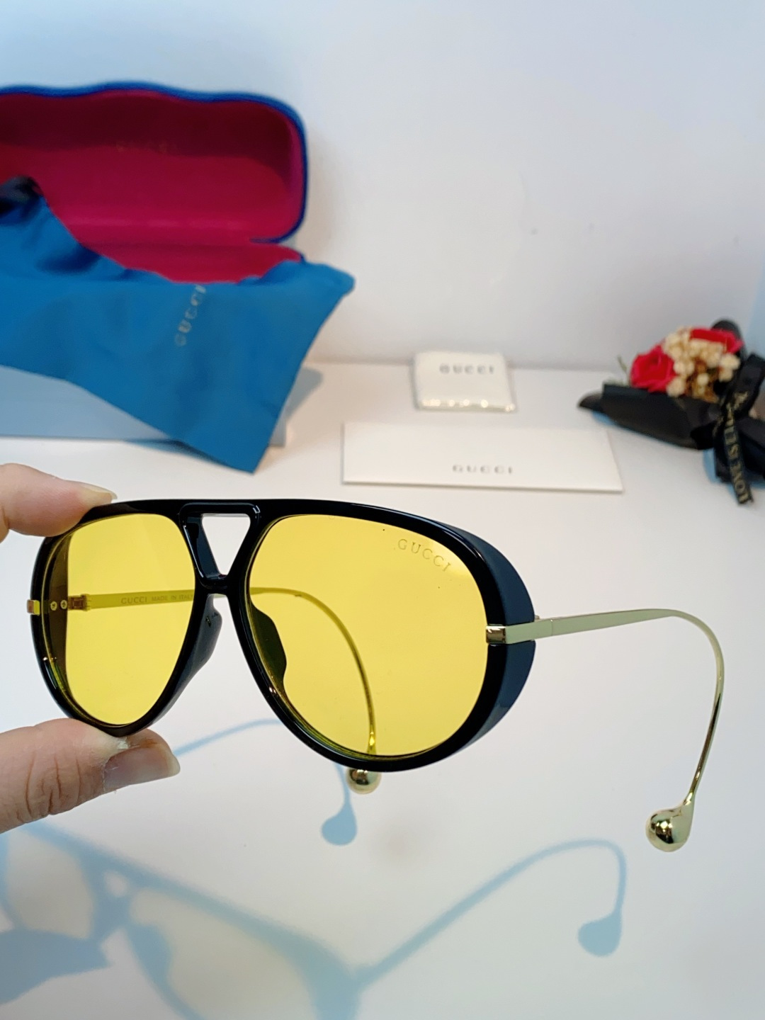 Gucci古奇 2026新款 欧美复古大框飞行员式双梁耳环吊坠太阳眼镜女圆脸蛤蟆镜嘻哈墨镜