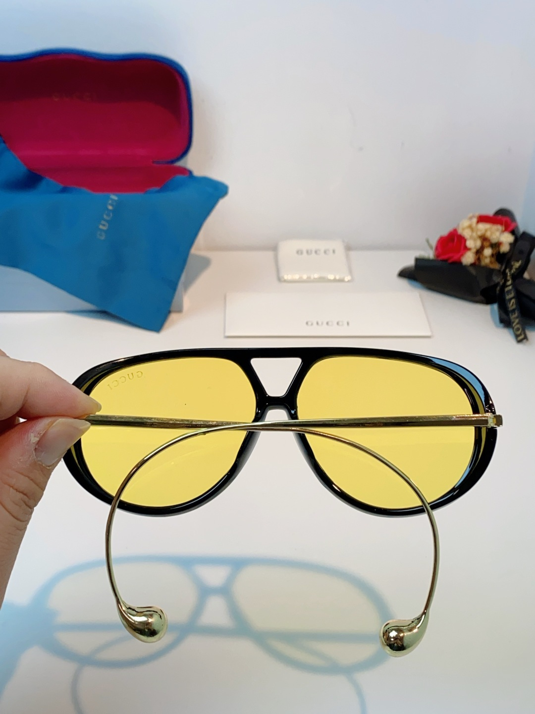 Gucci古奇 2026新款 欧美复古大框飞行员式双梁耳环吊坠太阳眼镜女圆脸蛤蟆镜嘻哈墨镜