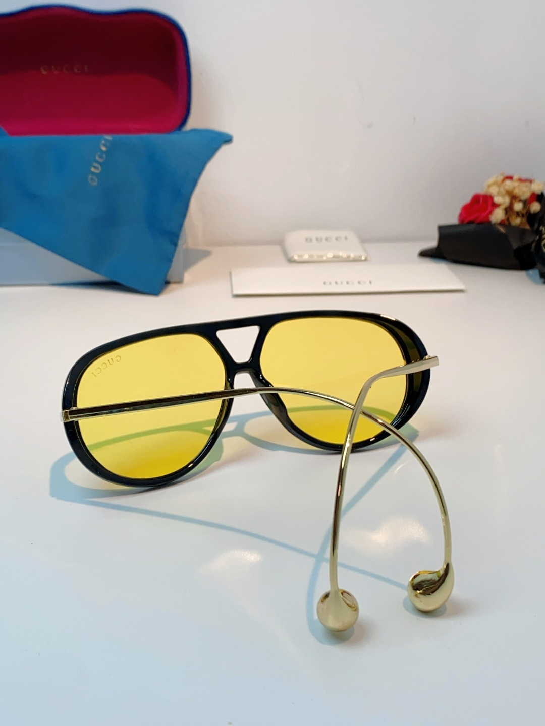 Gucci古奇 2026新款 欧美复古大框飞行员式双梁耳环吊坠太阳眼镜女圆脸蛤蟆镜嘻哈墨镜