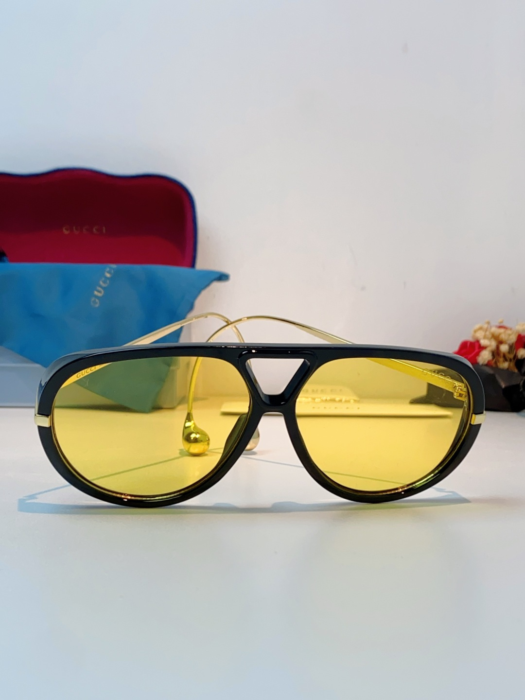 Gucci古奇 2026新款 欧美复古大框飞行员式双梁耳环吊坠太阳眼镜女圆脸蛤蟆镜嘻哈墨镜