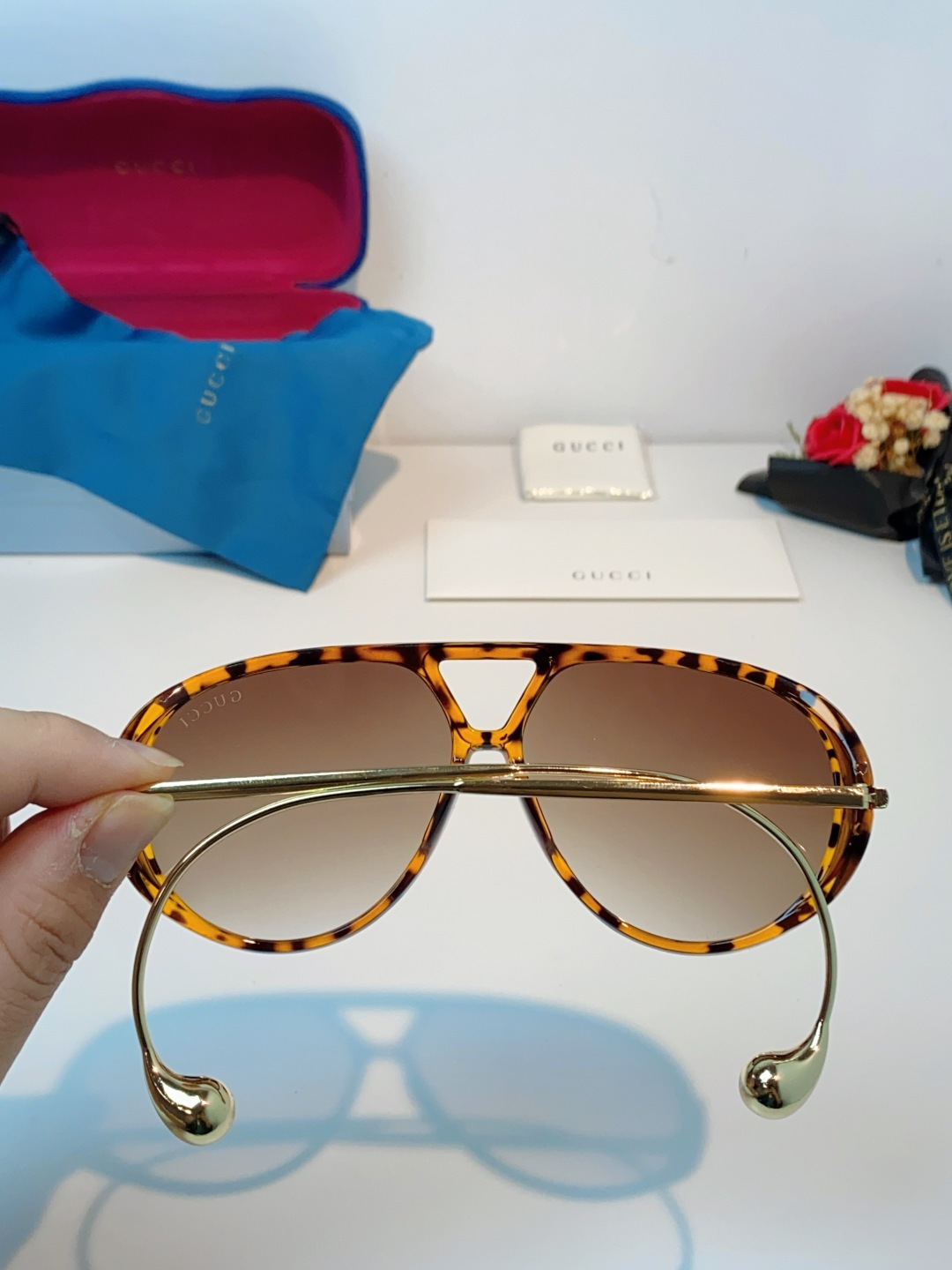 Gucci古奇 2026新款 欧美复古大框飞行员式双梁耳环吊坠太阳眼镜女圆脸蛤蟆镜嘻哈墨镜