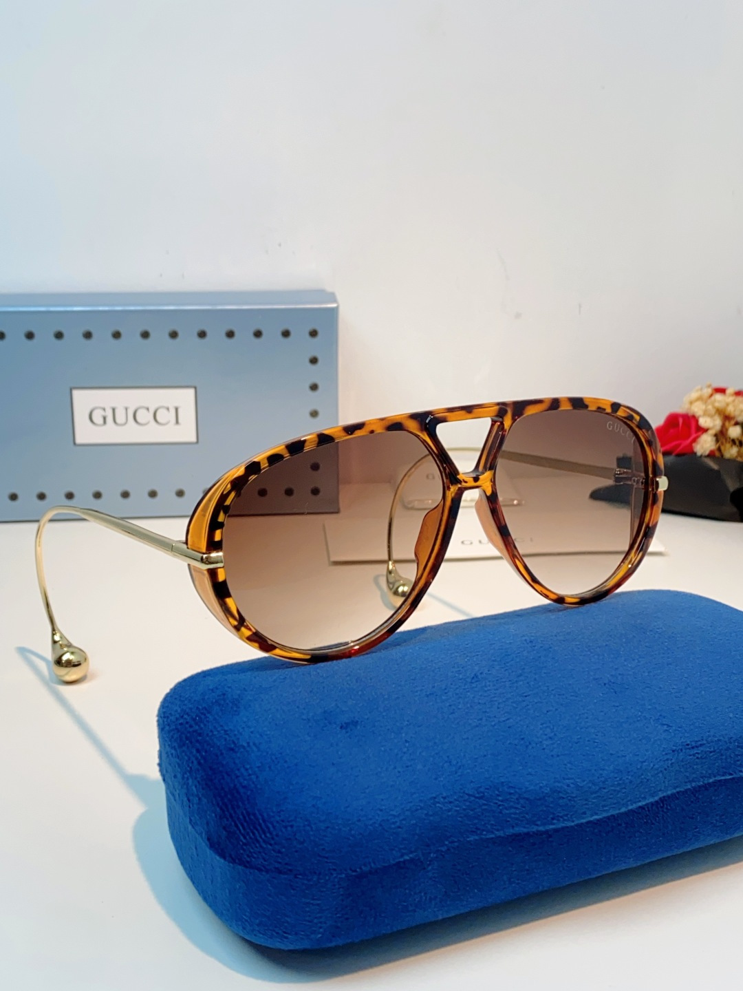 Gucci古奇 2026新款 欧美复古大框飞行员式双梁耳环吊坠太阳眼镜女圆脸蛤蟆镜嘻哈墨镜