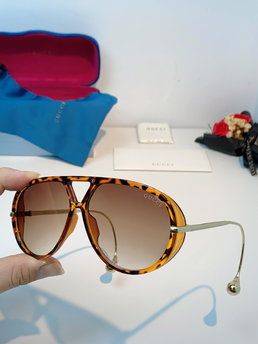 Gucci古奇 2026新款 欧美复古大框飞行员式双梁耳环吊坠太阳眼镜女圆脸蛤蟆镜嘻哈墨镜