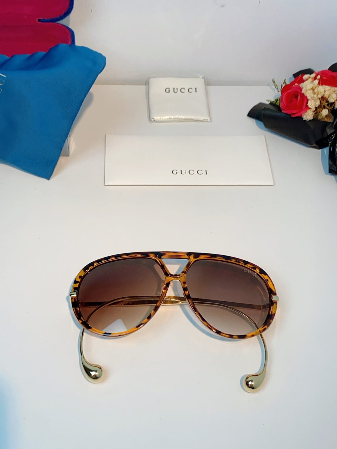 Gucci古奇 2026新款 欧美复古大框飞行员式双梁耳环吊坠太阳眼镜女圆脸蛤蟆镜嘻哈墨镜