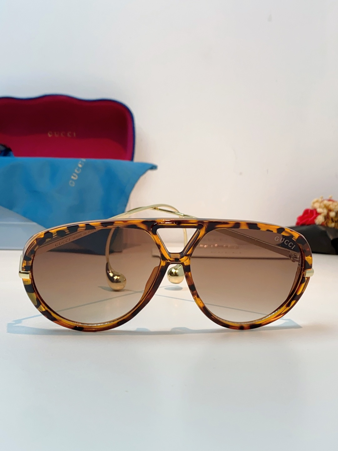 Gucci古奇 2026新款 欧美复古大框飞行员式双梁耳环吊坠太阳眼镜女圆脸蛤蟆镜嘻哈墨镜