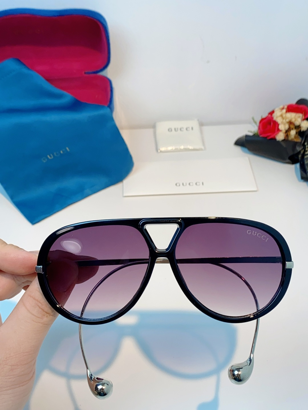 Gucci古奇 2026新款 欧美复古大框飞行员式双梁耳环吊坠太阳眼镜女圆脸蛤蟆镜嘻哈墨镜