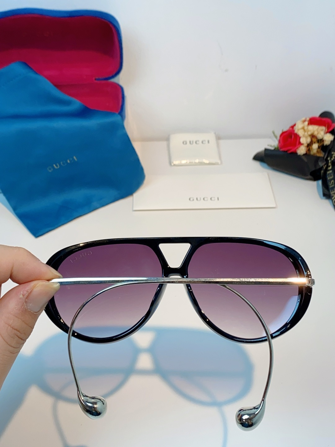 Gucci古奇 2026新款 欧美复古大框飞行员式双梁耳环吊坠太阳眼镜女圆脸蛤蟆镜嘻哈墨镜