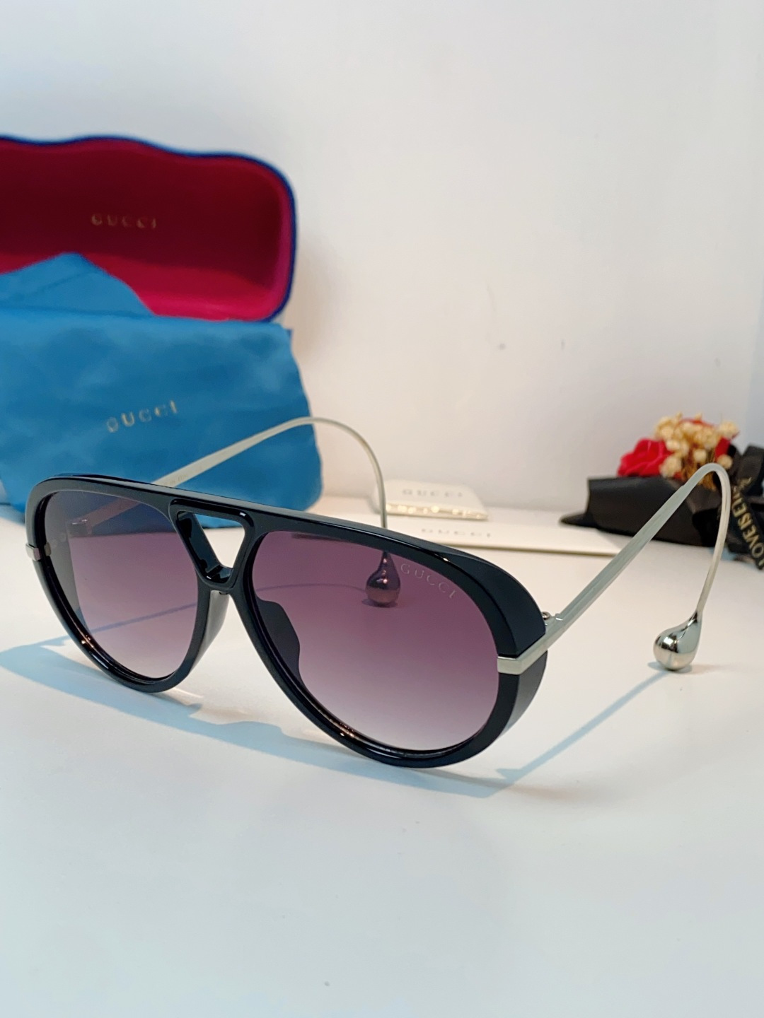 Gucci古奇 2026新款 欧美复古大框飞行员式双梁耳环吊坠太阳眼镜女圆脸蛤蟆镜嘻哈墨镜