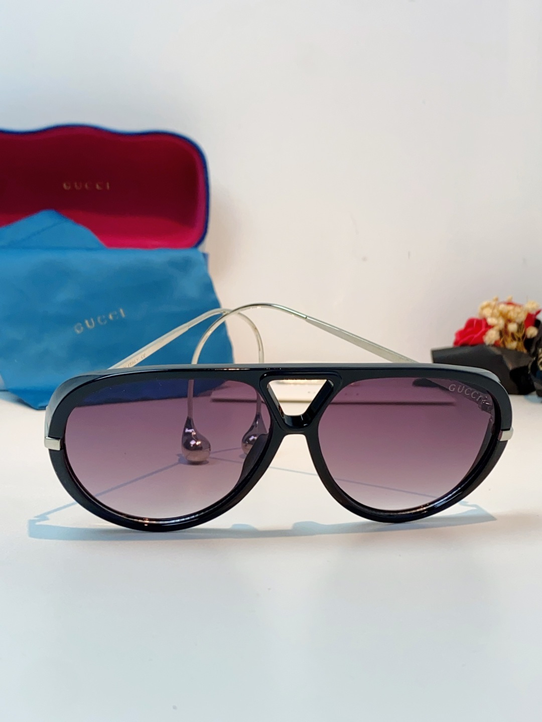 Gucci古奇 2026新款 欧美复古大框飞行员式双梁耳环吊坠太阳眼镜女圆脸蛤蟆镜嘻哈墨镜