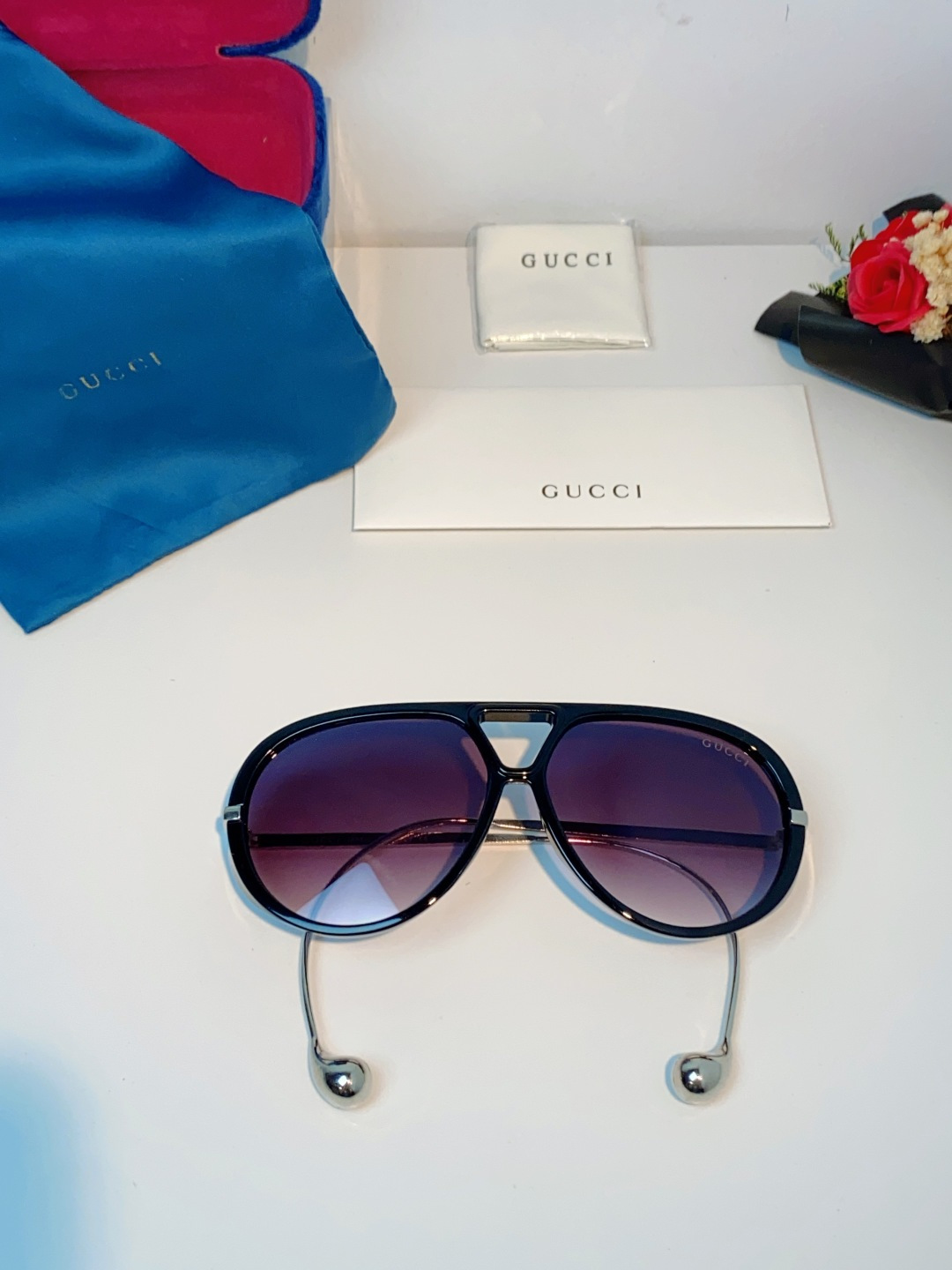 Gucci古奇 2026新款 欧美复古大框飞行员式双梁耳环吊坠太阳眼镜女圆脸蛤蟆镜嘻哈墨镜