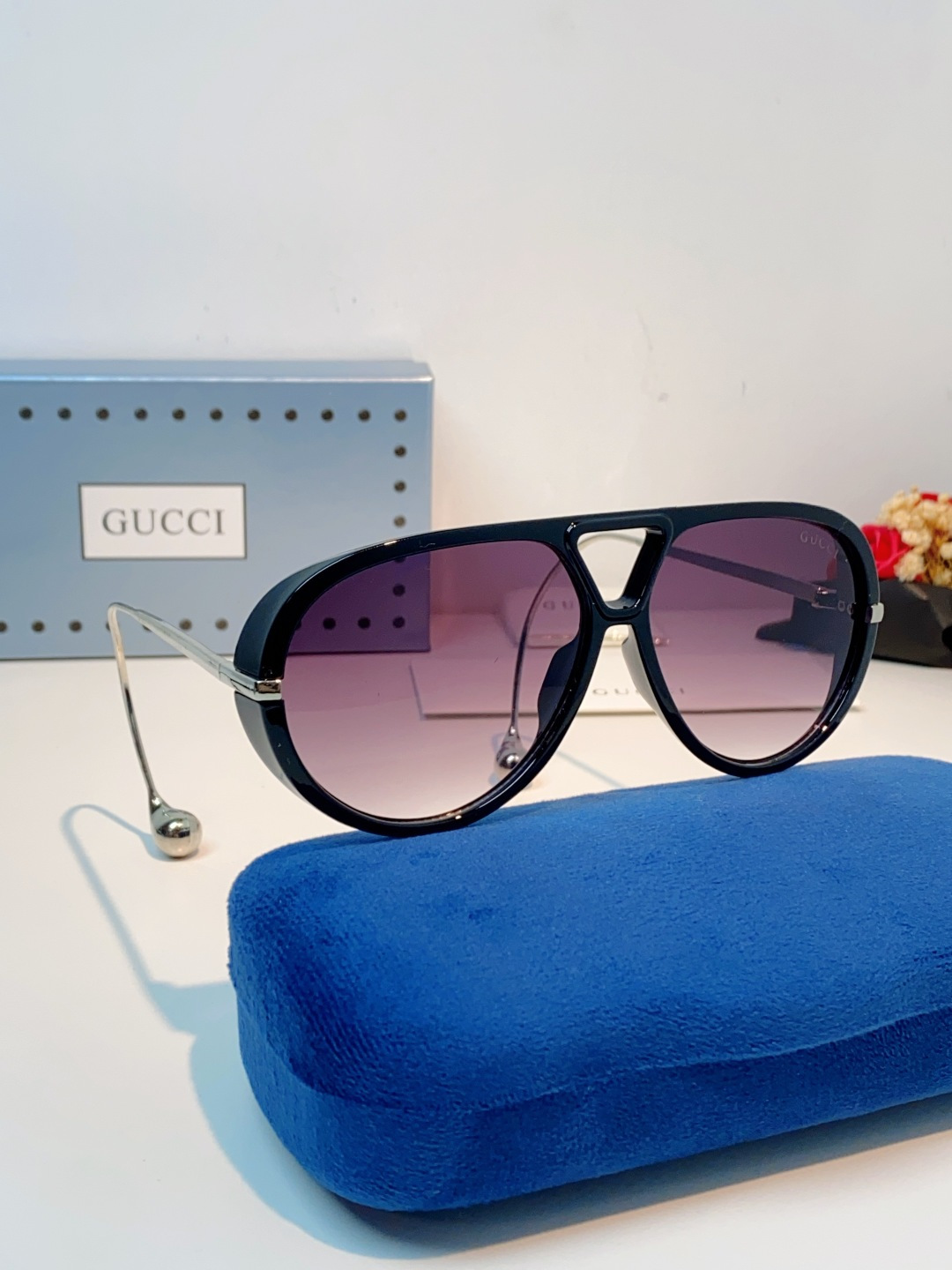 Gucci古奇 2026新款 欧美复古大框飞行员式双梁耳环吊坠太阳眼镜女圆脸蛤蟆镜嘻哈墨镜