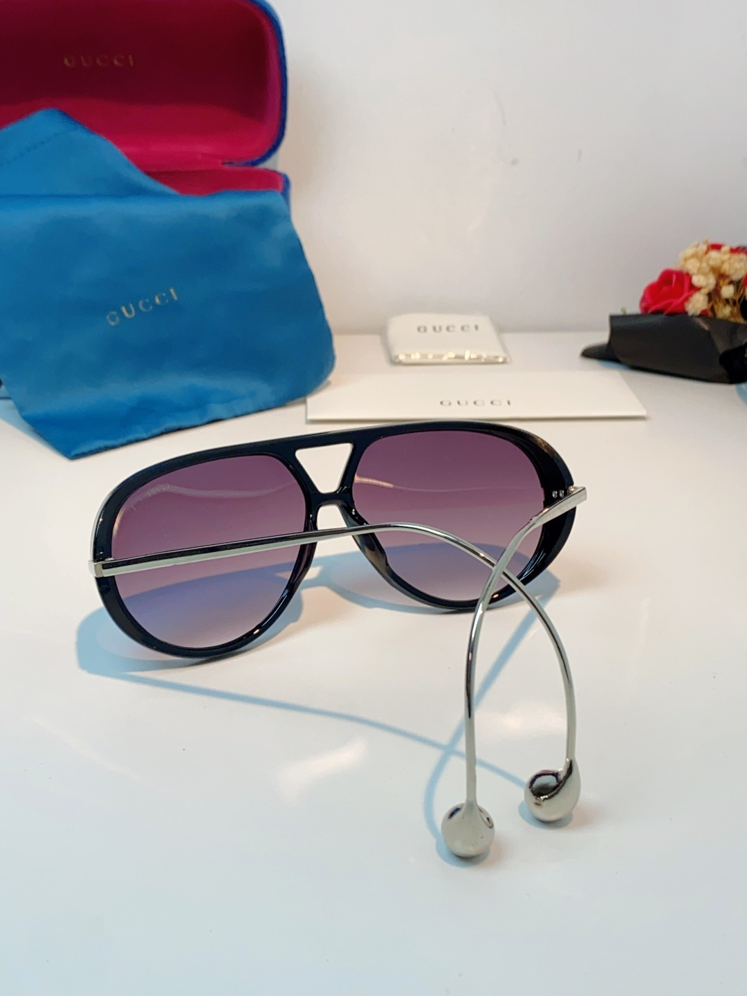 Gucci古奇 2026新款 欧美复古大框飞行员式双梁耳环吊坠太阳眼镜女圆脸蛤蟆镜嘻哈墨镜